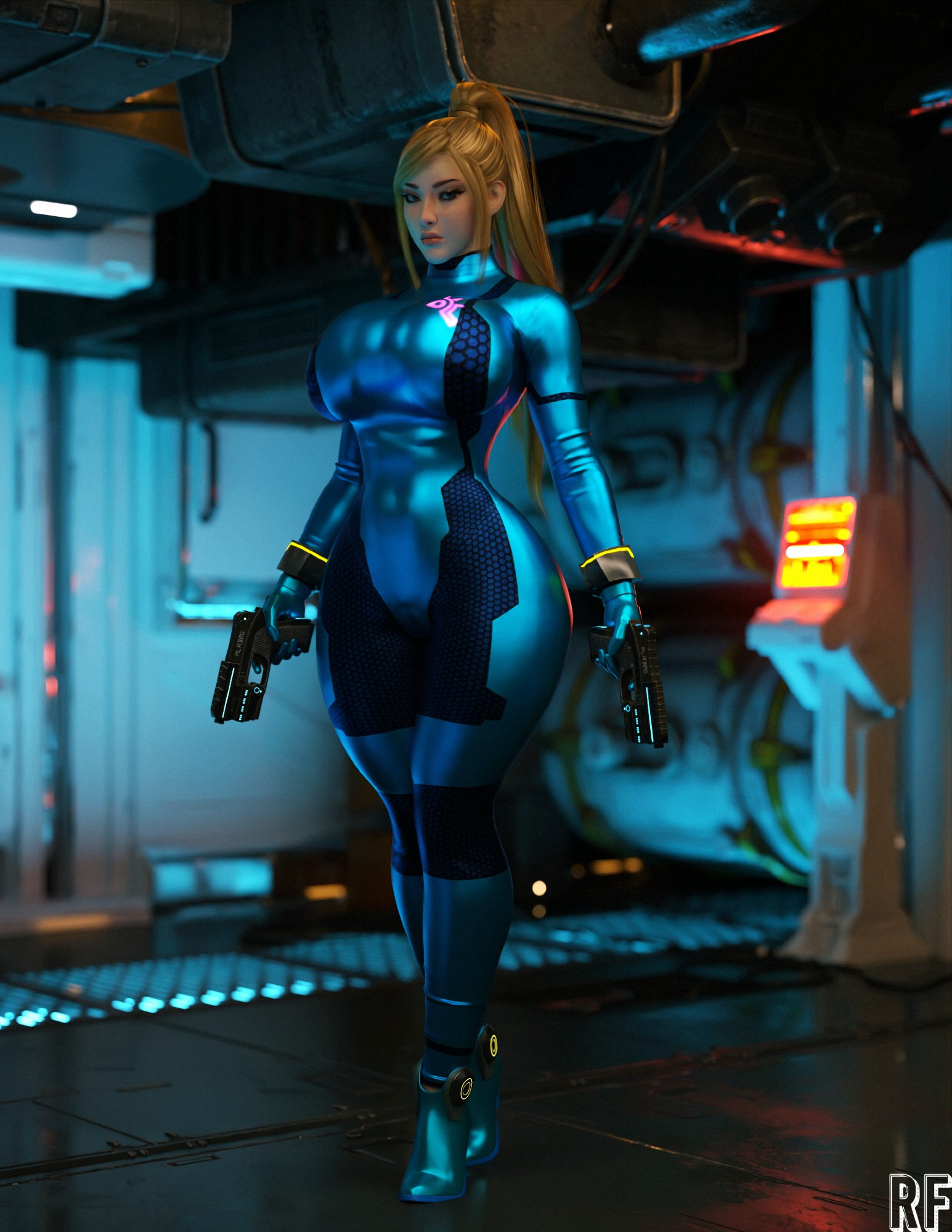 3d, alternate breast size, big breasts, blonde hair, bodysuit, breasts, female, heels, huge breasts, looking at viewer, metroid, nintendo, rude frog, samus aran, thick thighs, zero suit, zero suit samus