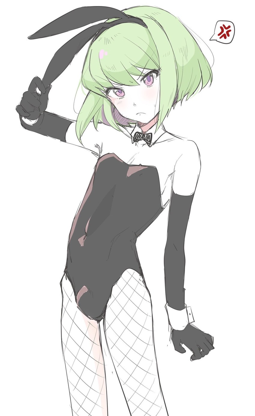 1boy, androgynous, bulge, bulge through clothing, bunny costume, bunny ears, bunnysuit, clothed, clothing, crossdressing, embarrassed, femboy, fishnets, lio fotia, male, petite, petite body, petite male, promare, skinny, skinny male, slim male, slim waist, slime, solo, twink