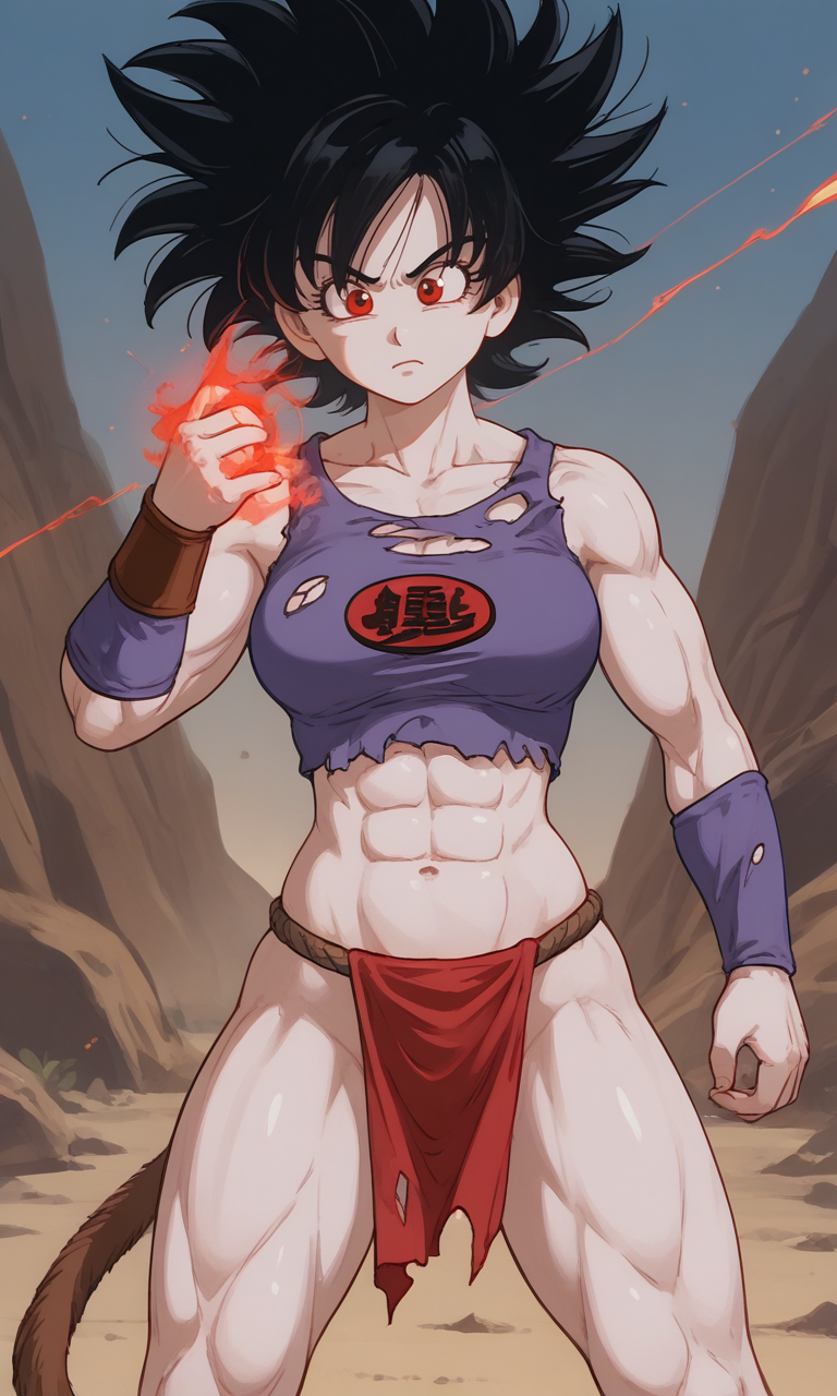 abs ai_generated black_hair dragon_ball dragon_ball_super dragon_ball_z female lightning midriff muscular muscular_female navel original_character red_eyes saiyan saiyan_girl saiyan_tail spiked_hair tail torn_clothes