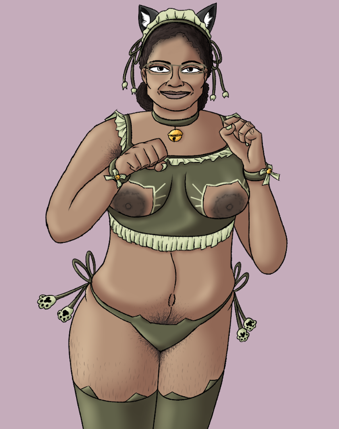 armpit_hair big_breasts boob_window breakloth brown_nipples brown_skin cat_ears dark-skinned_female digital_drawing_(artwork) female female_only glasses hairy hairy_armpits hairy_legs indian indian_female large_breasts maid_uniform nipples original original_character pubic_hair ugly