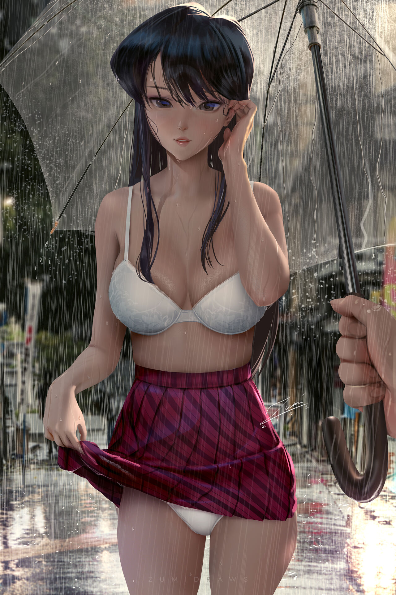1girls, big breasts, breasts, female, highres, komi shouko, komi-san wa komyushou desu, long hair, looking at viewer, medium breasts, pussy, rain, raining, skirt, solo, zumi