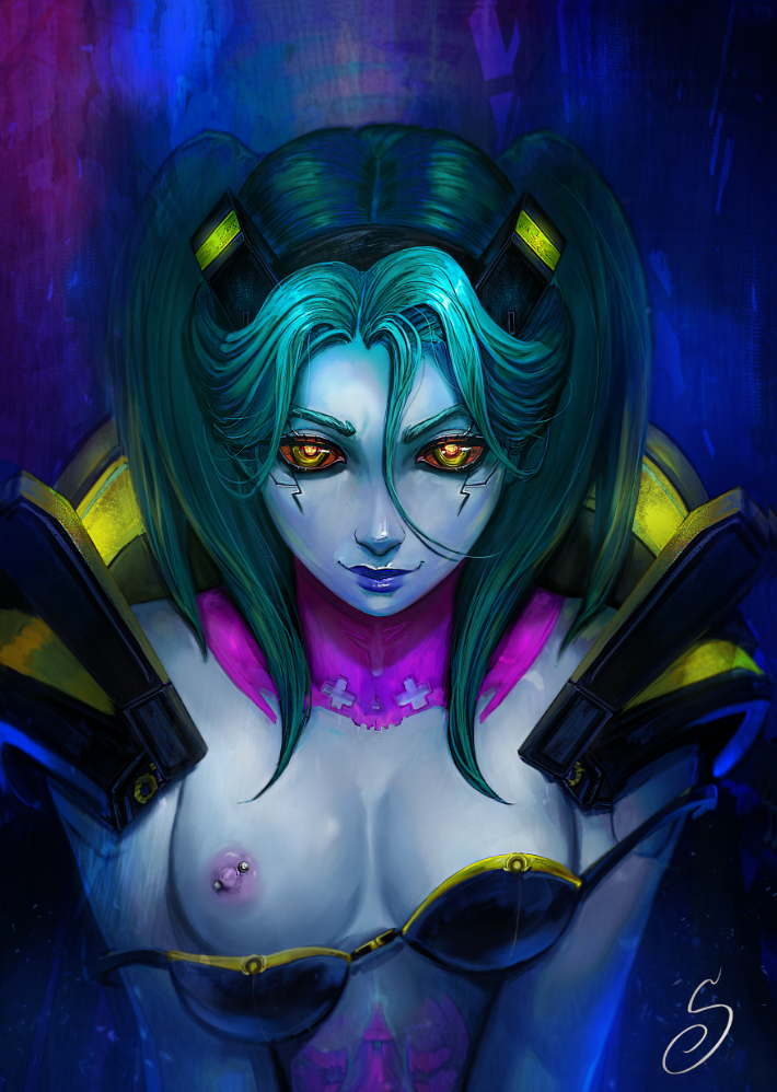 1girls anime anime_style areolae bra bra_strap cyberpunk:_edgerunners cyborg female green_hair looking_at_viewer medium_hair nipple_piercing one_breast_out pierced_nipples purple_lipstick realistic rebecca_(edgerunners) red_sclera shanks__91 small_breasts solo solo_female straight_hair twintails undressing waifu2x wardrobe_malfunction yellow_eyes