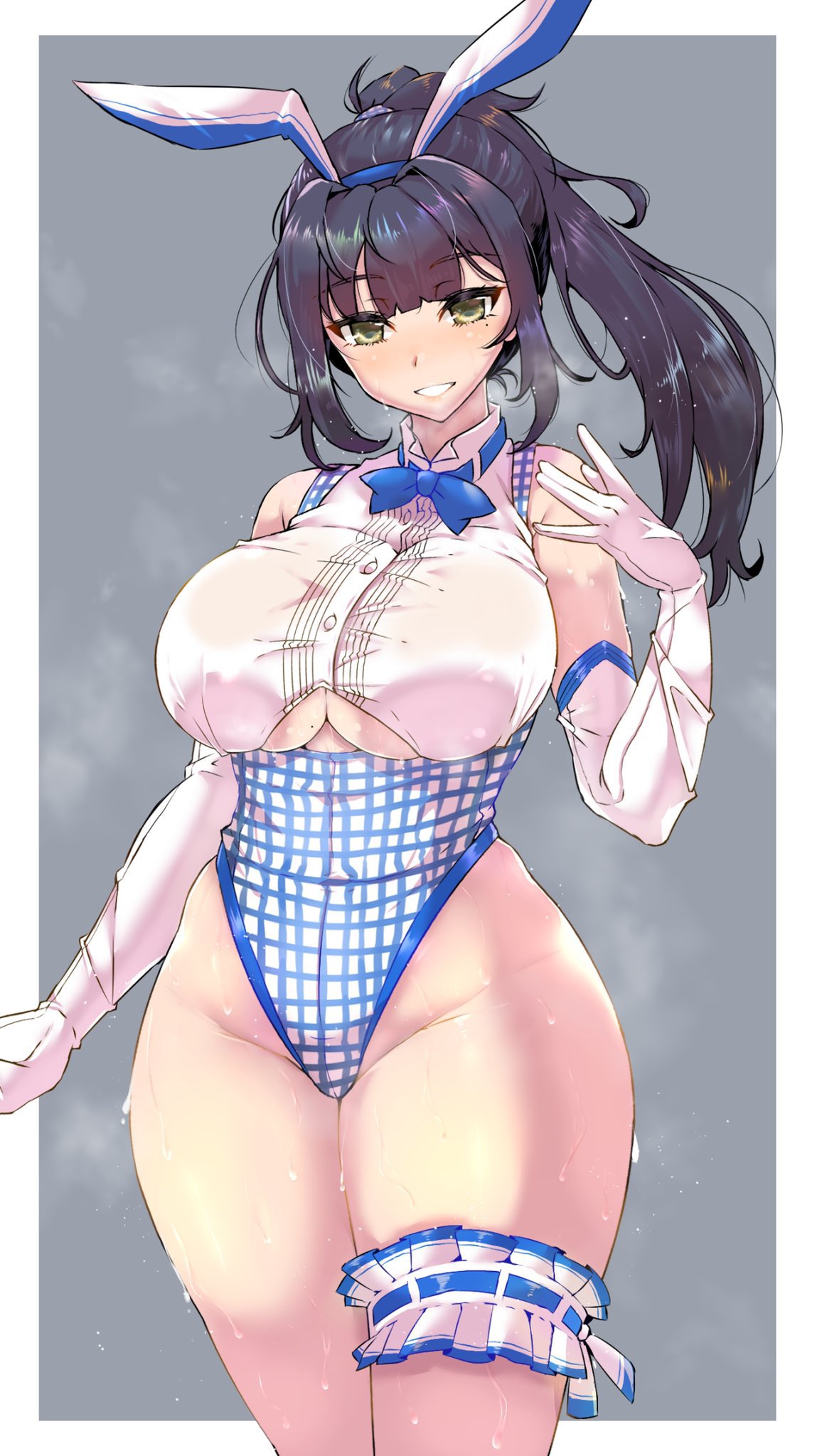 1girls 2022 2023 2d 2d_(artwork) anime_nose bartender big_breasts big_thighs black_hair blue_clothing bowtie breasts bunny_club bunny_ears bunny_girl bunnysuit busty cleavage cleavage_cutout clothing elbow_gloves female female_only gloves green_eyes hi_res highres hips hourglass_figure large_breasts large_thighs leotard light-skinned_female light_skin looking_at_viewer original original_character ponytail skimpy_clothes slim_waist smile smiling smiling_at_viewer solo sweat sweatdrop sweating thick_thighs thigh_strap thighs voluptuous wakura_(gcdan) wet wet_body wet_clothes white_clothing white_gloves wide_hips