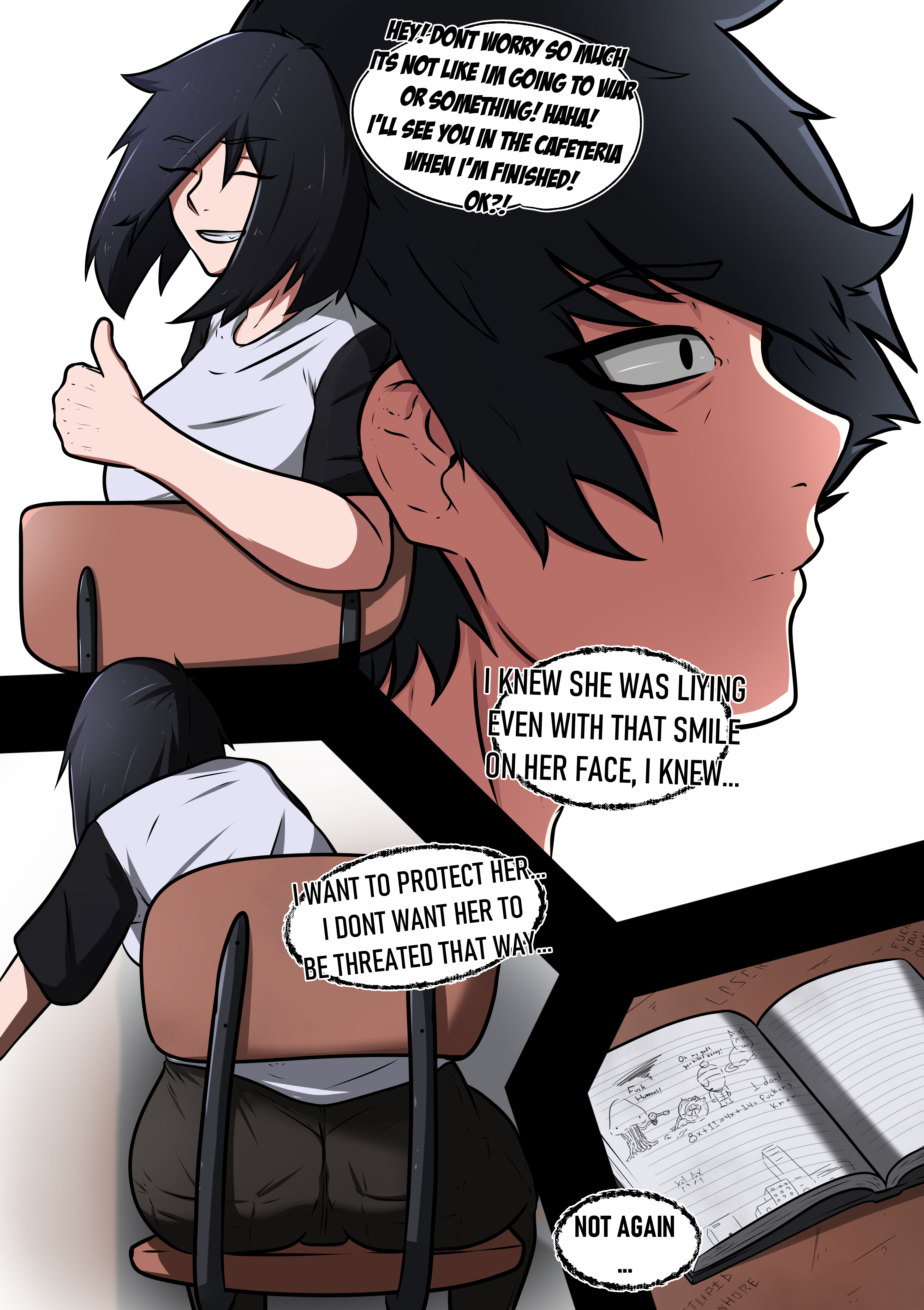 1boy, 1girls, ass, cody (microchip), comic, dark skin, dark-skinned male, english text, female, highres, interracial, light skin, light-skinned female, male, male on female, microchip (artist), netorare, original, quinn (microchip), tomboy
