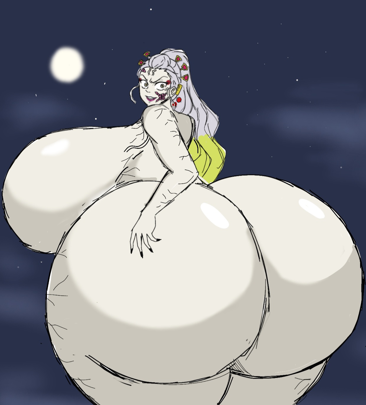 1girls, alternate ass size, alternate breast size, ass, back view, bare shoulders, big ass, big breasts, black nails, breasts, clenched teeth, cracked skin, curvy, daki (kimetsu no yaiba), demon, demon slayer, evil grin, eyelashes, fangs, female, female focus, female only, gigantic ass, gigantic breasts, green eyes, green hair, grey hair, grin, hair ornament, hairpin, highres, hips, huge ass, huge breasts, humanoid, hyper, hyper ass, hyper breasts, kimetsu no yaiba, large ass, large breasts, long hair, looking at viewer, looking back, makeup, momiji (artist), moon, multicolored hair, nail polish, night, nude, pale skin, parted lips, pinup, sharp fingernails, shiny skin, sideboob, smile, solo, solo female, tattoo, teeth, thick thighs, thighs, tied hair, two-tone hair, vein, venus body, voluptuous, wide hips