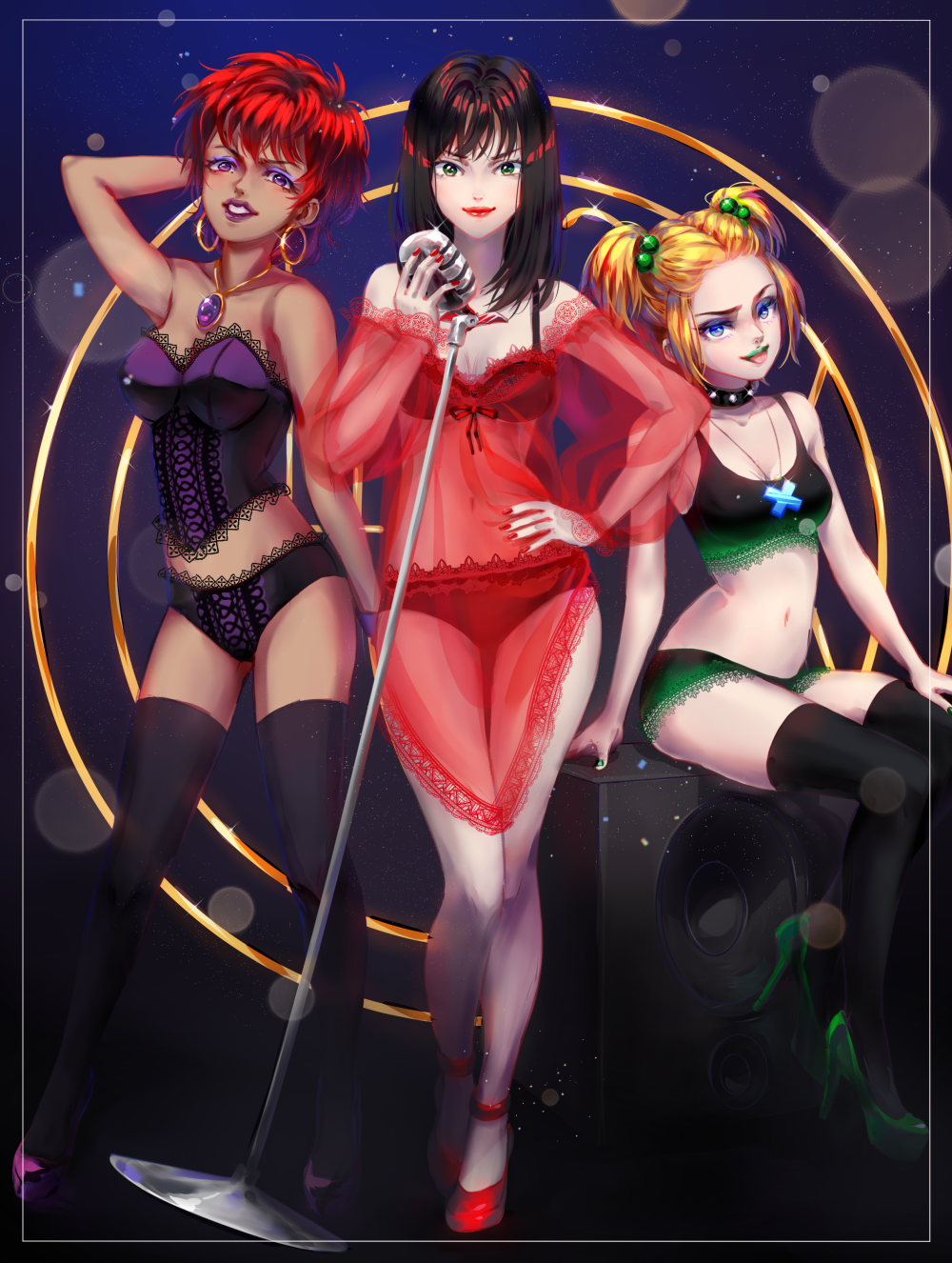 3girls blonde_hair bra clothing commission corset dark_hair dark_skin deviantart dusk_(hex_girls) earrings female female_only hanna-barbera hex_girls high_heels jewelry light_skin lingerie lipstick luna_(hex_girls) makeup microphone multiple_females multiple_girls navel necklace nonexistentworld panties pose red_hair scooby-doo scooby-doo_and_the_witch's_ghost see-through_clothing smile speaker stockings thorn_(hex_girls) trio trio_focus twintails underwear