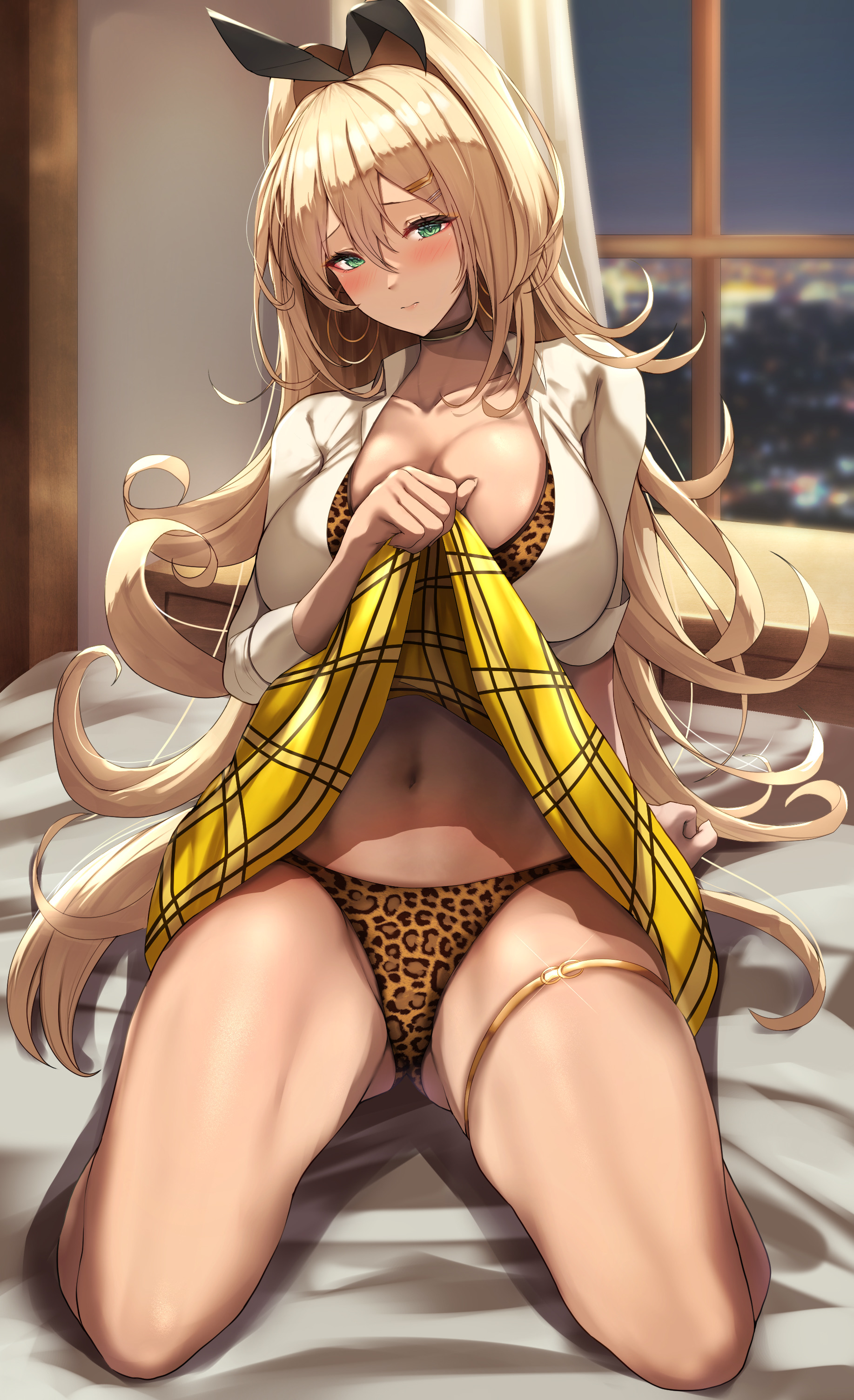 1girls, ass visible through thighs, bed, blonde hair, blush, bra, bra peek, breasts, choker, cleavage, embarrassed, female, goddess of victory: nikke, green eyes, gyaru, hair between eyes, hair ornament, large breasts, leopard print, leopard print bra, leopard print panties, long hair, looking at viewer, navel, panties, parted lips, plaid skirt, ponytail, rupee (nikke), school uniform, sidelocks, skirt, skirt lift, thigh strap, thighs, tiri man, underwear, window, yellow bra, yellow panties, yellow skirt