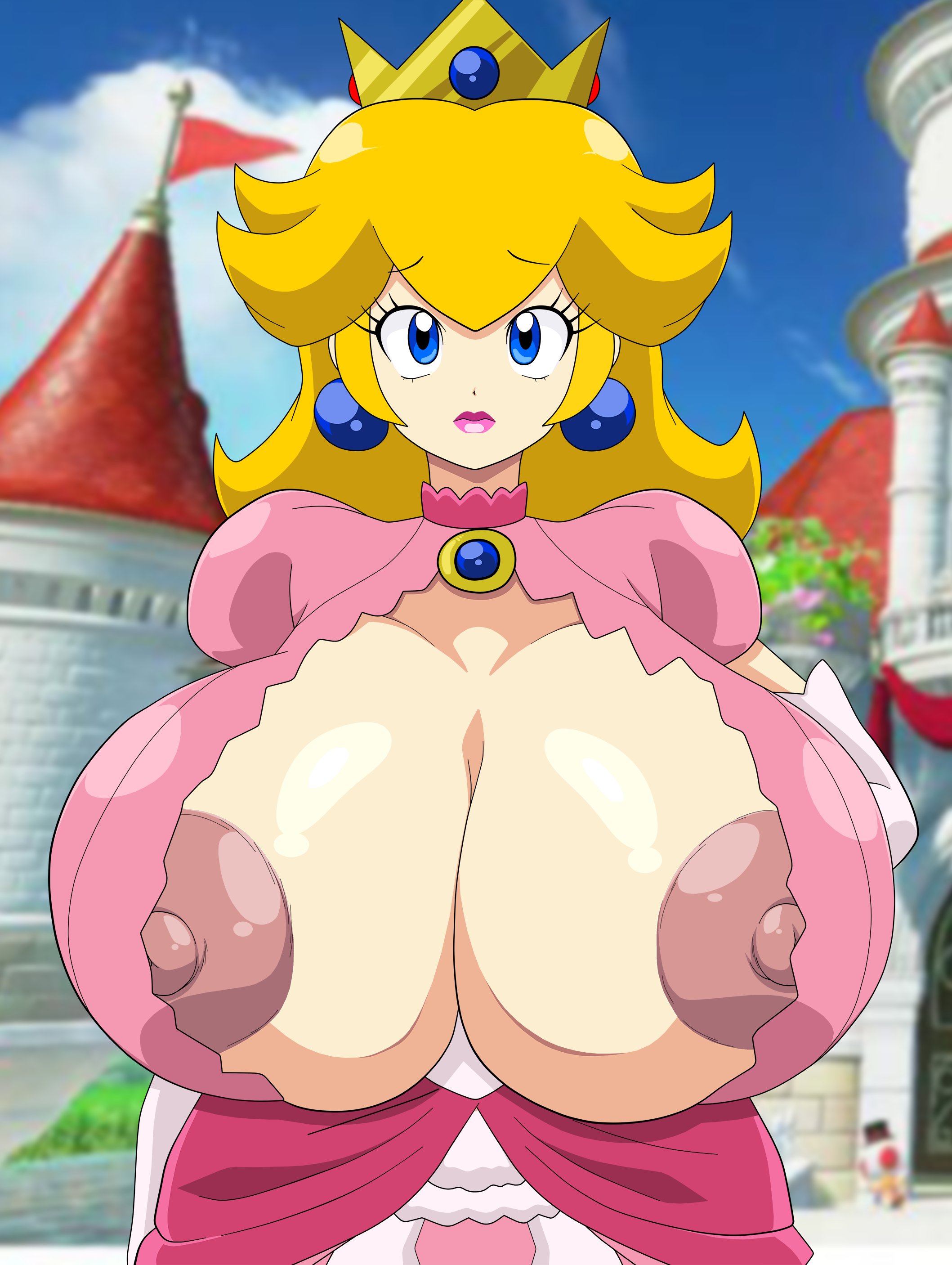 1girls, bimbo, breasts, dress, exposed breasts, female, female only, gigantic breasts, huge breasts, looking at viewer, mario (series), nintendo, nipple slip, nipples, outdoors, pink lipstick, princess peach, solo, standing, super mario bros., unaware, zetarok