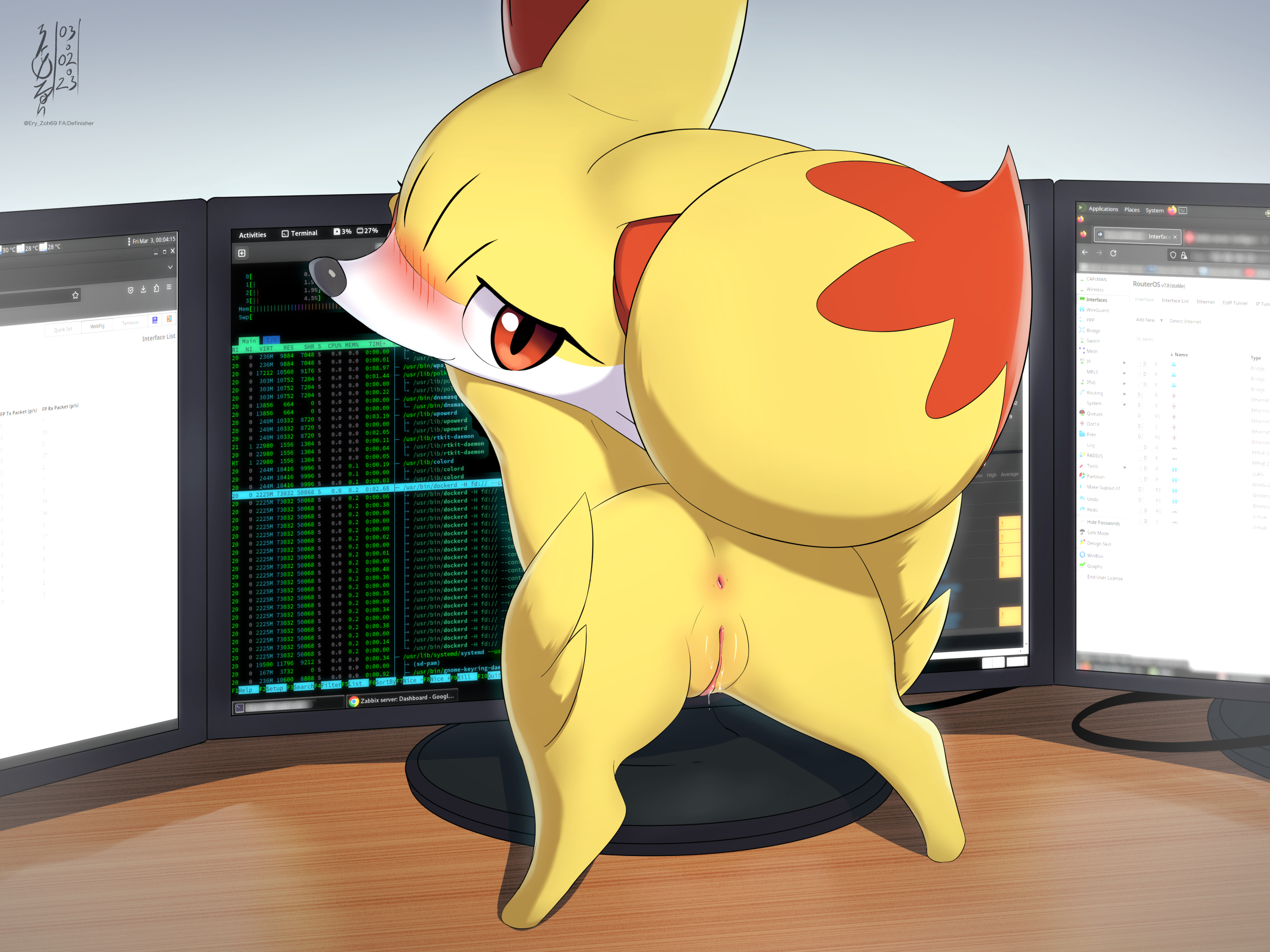 2d, absurd res, anus, ass, bedroom eyes, big ass, blush, color, computer, english text, eryz, female, fennekin, feral, generation 6 pokemon, genitals, hi res, looking at viewer, narrowed eyes, nintendo, on model, open mouth, plump labia, pokemon, pokemon (species), pussy, red eyes, seductive, smile, solo, tail, text, thick thighs, yellow body