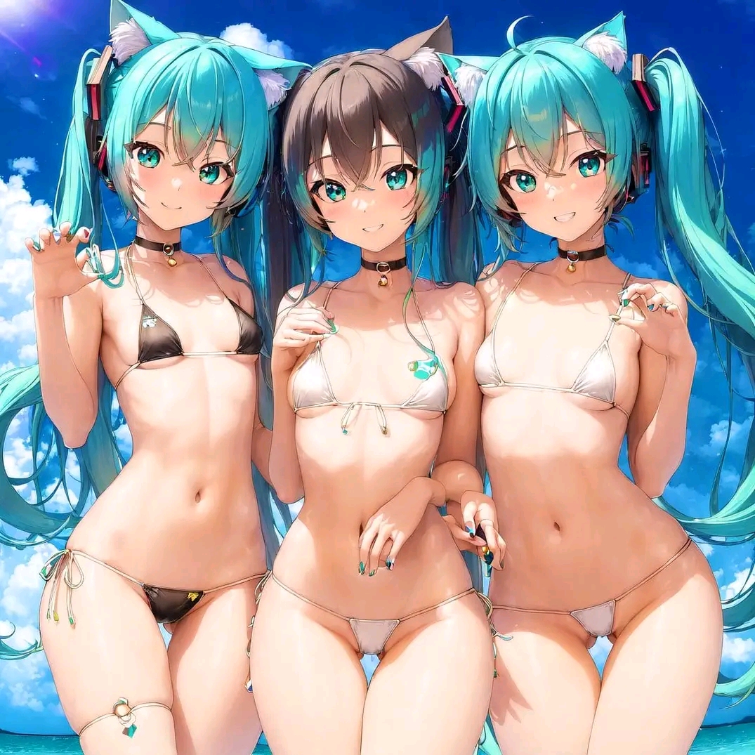 2d, 3girls, ahoge, ai generated, animal ear fluff, animal ears, aqua eyes, aqua hair, aqua nails, ass visible through thighs, bad anatomy, bad hands, bangs, bare arms, bare shoulders, bell, bell collar, bikini, black bikini, black choker, blue eyes, blue hair, blue sky, blush, breasts, brown hair, cat ears, choker, claw pose, cloud, collar, collarbone, color, cowboy shot, day, eyebrows visible through hair, eyelashes visible through hair, female, female only, front-tie bikini top, front-tie top, girl sandwich, grin, hair between eyes, hatsune miku, headphones, jingle bell, light skin, light-skinned female, long hair, looking at viewer, micro bikini, multicolored hair, multiple girls, nail polish, navel, neck bell, outdoors, outside, sandwiched, sea, side-tie bikini bottom, skindentation, sky, small breasts, smile, standing, stomach, string bikini, swimsuit, teeth, thigh gap, thighhighs, twintails, very long hair, vocaloid, white bikini