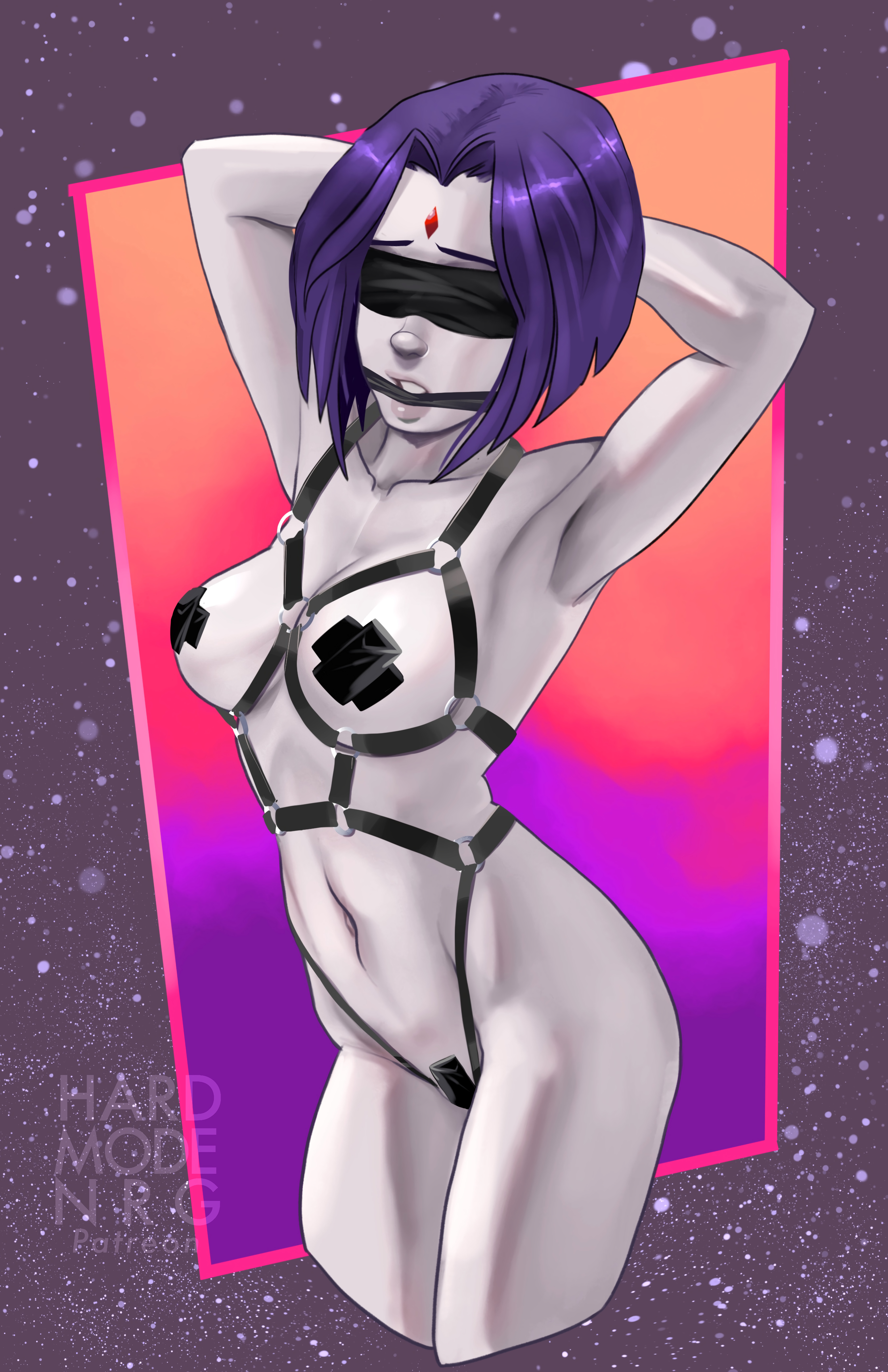 1girls, 2d, armpit crease, armpit fetish, armpit peek, armpit pose, armpit sex invitation, armpits, arms behind head, arms up, ass, bare legs, black tape, blindfold, blindfolded, bondage, breasts, captured, cleavage, covered nipples, covered pussy, crotch, dc, dc comics, demon, demon girl, exposed breasts, female, female only, forced, gag, gagged, goth, goth girl, grey skin, grey-skinned female, hardmodenrg, harness, harness only, helpless, kidnapped, legs, naked, naked female, nipples, nude, nude female, pasties, pinup, pinup pose, presenting armpit, presenting armpits, purple hair, pussy, rachel roth, raven (dc), restrained, short hair, solo, straps, taped nipples, taped pussy, teen titans, thighs