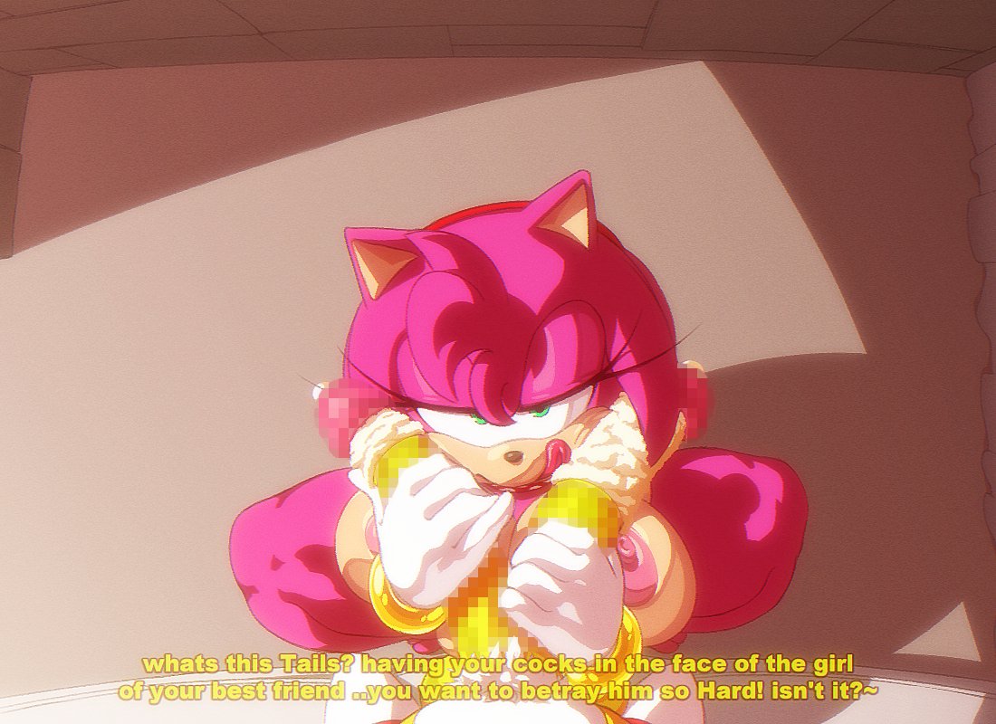 1boy, 1girls, 2 penises, age difference, amy rose, angelauxes, big penis, censored, censored penis, cheating, cuckold, dialogue, diphallia, diphallism, english text, female, fox, furry, gloves, handjob, hedgehog, hedgehog humanoid, ineffective censorship, jerkingoff, licking lips, long penis, male, miles tails prower, multi genitalia, multi penis, older female, penis, pink hair, pink skin, sega, smegma, sonic (series), sonic the hedgehog (series), tagme, tails, tails the fox, text, younger male