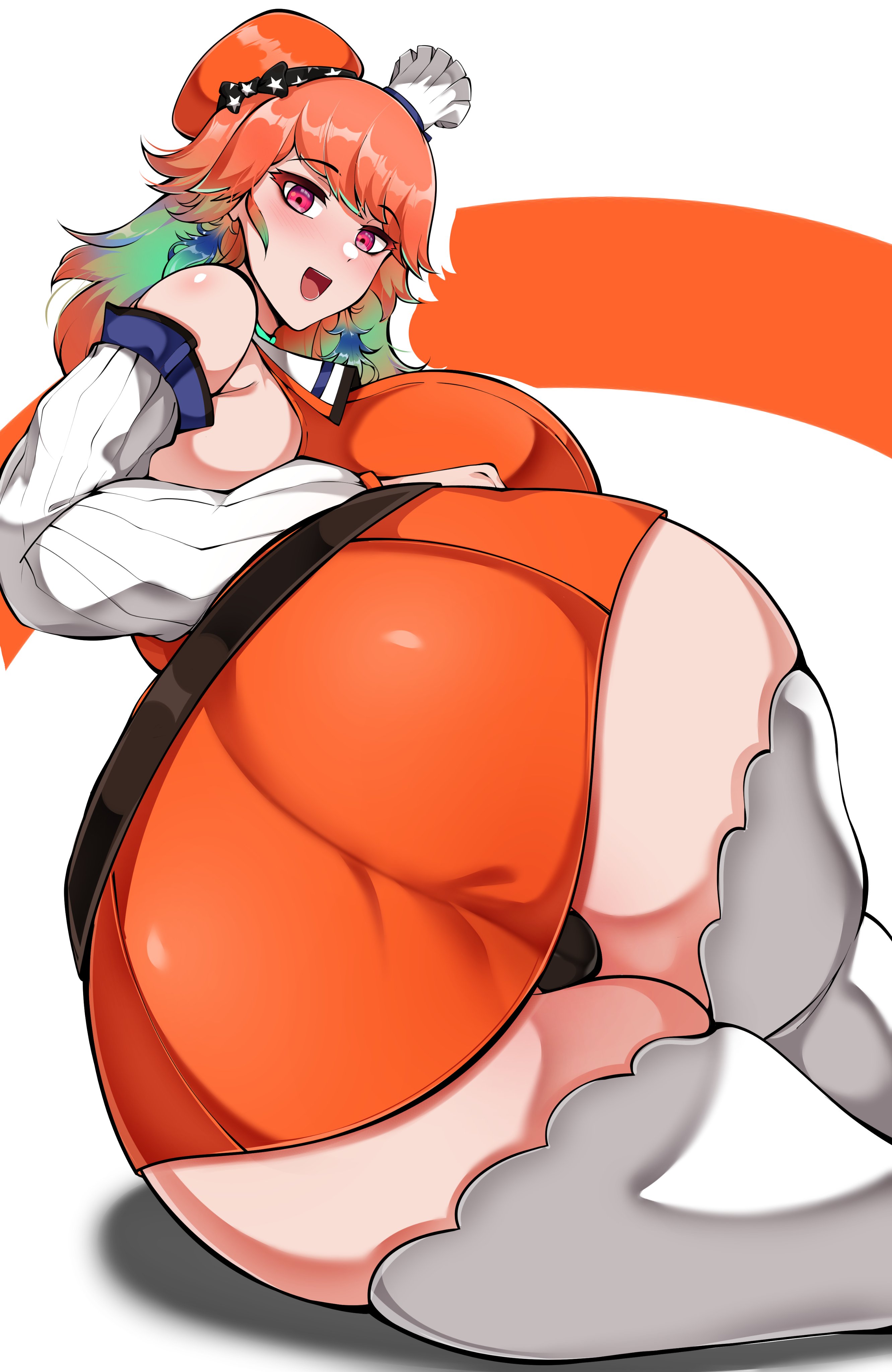 1girls, 2023, armwear, ass, bare shoulders, beret, big ass, big breasts, big butt, breasts, chef hat, detached sleeves, female, female focus, female only, fully clothed, green hair, hat, hi res, high resolution, highres, hololive, hololive english, hololive myth, huge ass, huge breasts, huge butt, large ass, large breasts, large butt, multicolored hair, multiple hats, on side, orange hair, orange hat, orange shirt, owner (artist), red beret, red eyes, red hat, round ass, round butt, shirt, sitting on side, solo, solo female, solo focus, tagme, takanashi kiara, takanashi kiara (1st costume), thigh highs, thighhighs, top heavy, vest, virtual youtuber, vtuber, white armwear