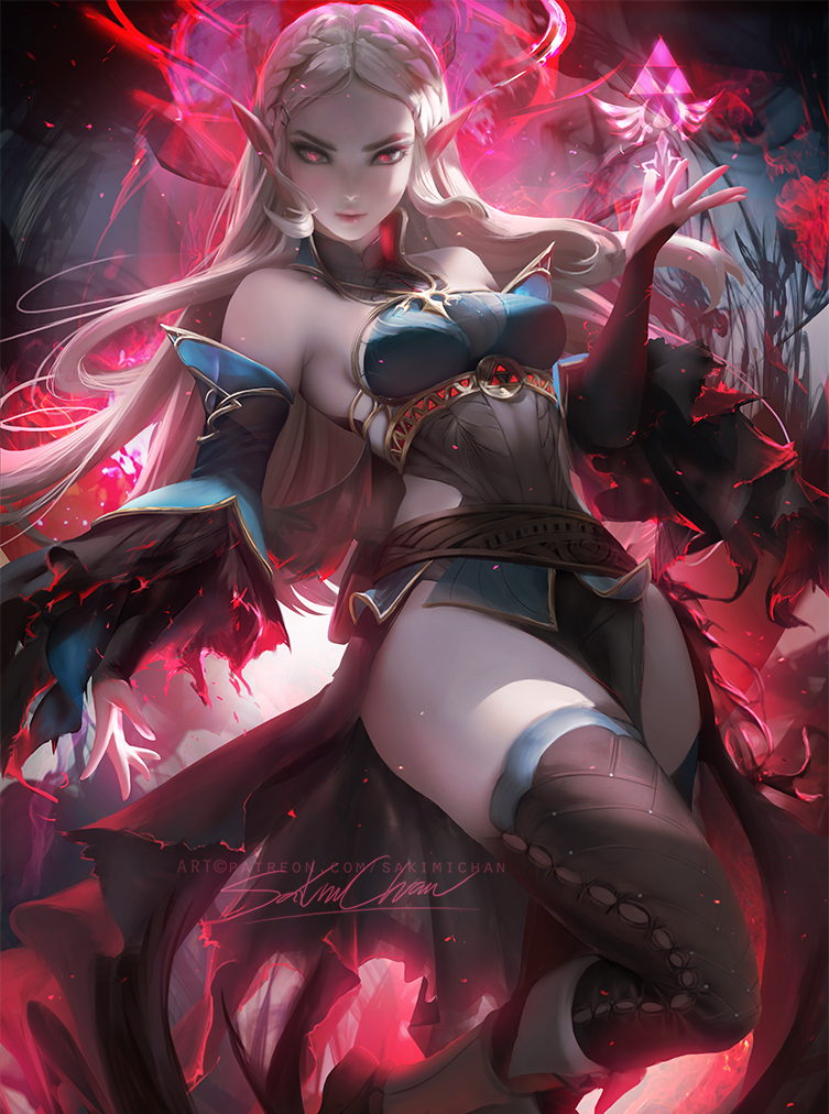 1girls, abs, alternate costume, aura, bare shoulders, blonde hair, breasts, breath of the wild, corrupted, corruption, dark persona, elf ears, fantasy, female, femsub, ganondorf, glowing, glowing eyes, long hair, looking at viewer, magic, medium breasts, mind control, nintendo, possessed, possession, princess, princess zelda, red eyes, sakimichan, solo, tagme, the legend of zelda, thick thighs, thighhighs, thighs, watermark, zelda (breath of the wild)