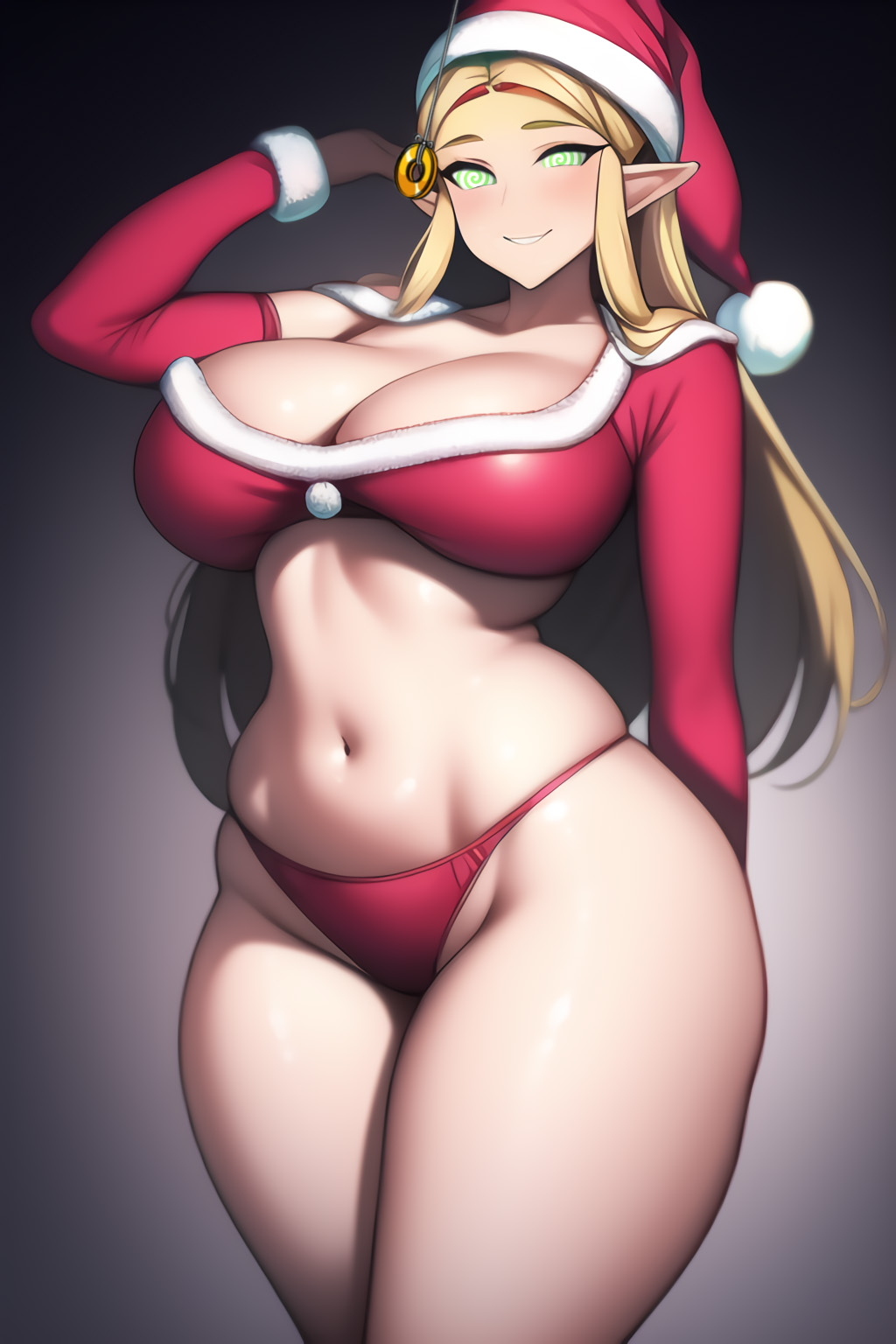 ai generated, blonde hair, blush, breasts, christmas, cleavage, coin, elf ears, female, female only, femsub, glowing eyes, happy trance, huge breasts, large hips, long hair, manip, mind control, nintendo, panties, pendulum, pointy ears, princess zelda, santa costume, santa hat, smile, spiral eyes, stable diffusion, tagme, the legend of zelda, thick thighs