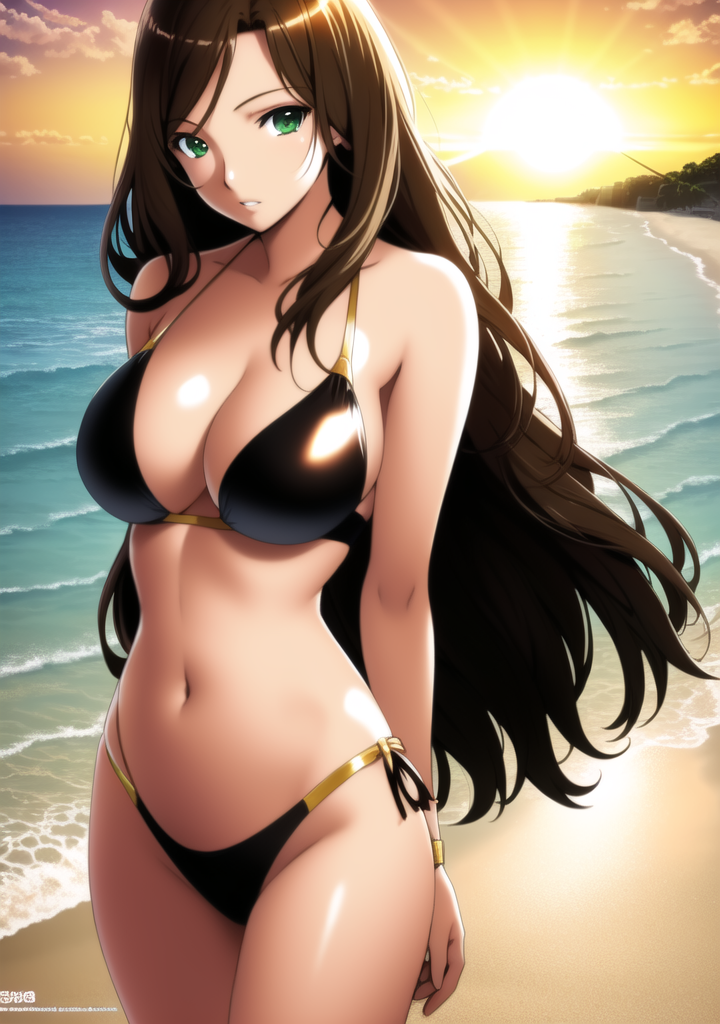 1girls ai_generated bare_shoulders beach bikini brown_hair cleavage female green_eyes highres hourglass_figure large_breasts long_hair original original_characte original_character shmebulock36 slim_waist solo solo_female sunset