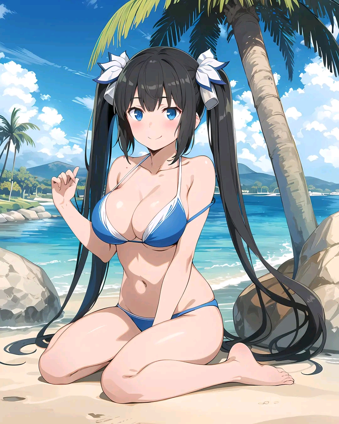 1girls, ai generated, barefoot, beach, bikini, black hair, blue eyes, dungeon ni deai wo motomeru no wa machigatteiru darou ka, feet, female, female only, hestia (danmachi), looking at viewer, solo, twintails