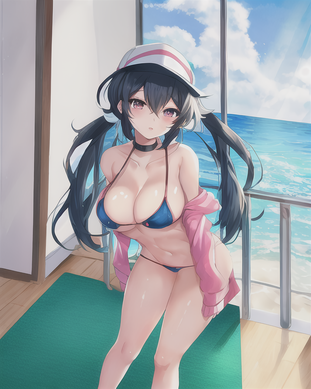 ai_generated background_sky beach big_breasts bikini caucasian caucasian_female female_focus female_only hat indoors long_hair micro_bikini ocean pokemon pokemon_trainer ponytails shirt trainer zerjailes