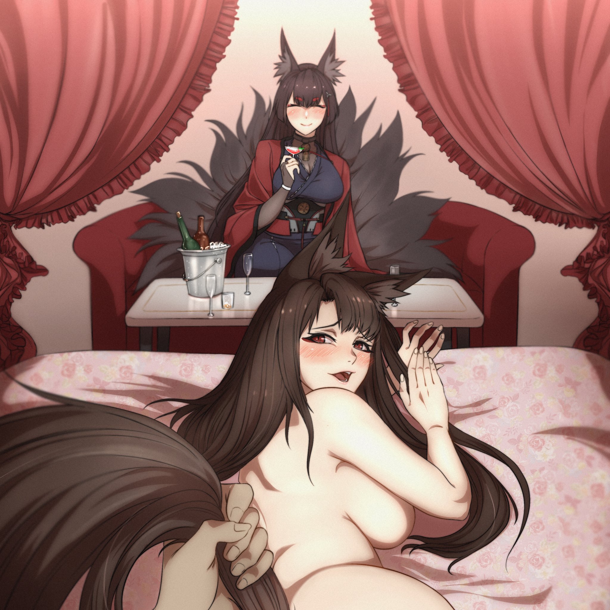 1boy, 2girls, akagi (azur lane), amagi (azur lane), animal ears, azur lane, female, fox ears, fox girl, kawanishimaki, light skin, light-skinned female, looking at viewer, looking back, male, red eyes, sisters, tail, tail pull