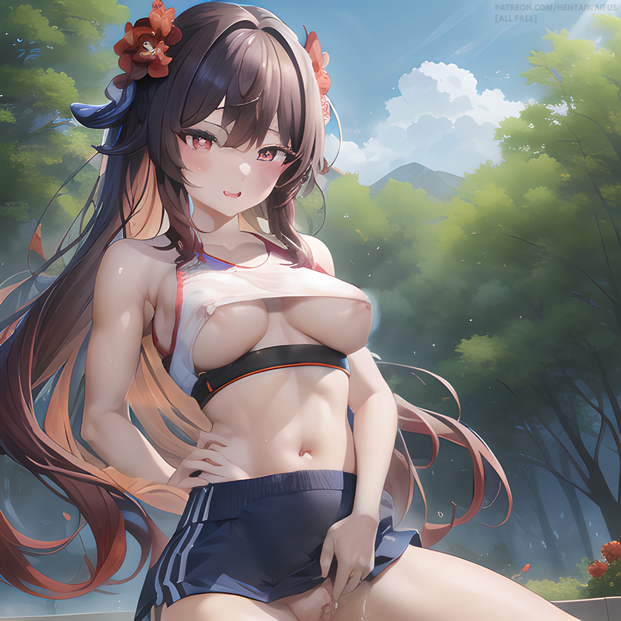 ai generated, breasts, female, genshin impact, gym uniform, hu tao (genshin impact), masturbation, pussy, sports bra, stable diffusion, tease, teasing, teasing viewer, underboob