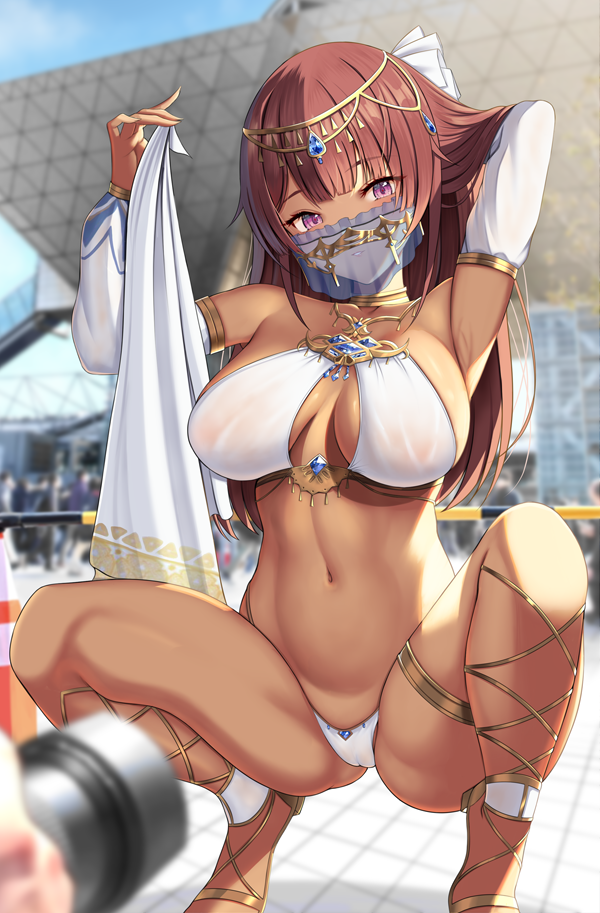 1girls alice_gear_aegis belly_dancer belly_dancer_outfit brown_hair detached_sleeves fatima_betrorum harem_girl harem_outfit large_breasts long_hair looking_at_viewer purple_eyes squatting tokyo_big_sight veil zukky