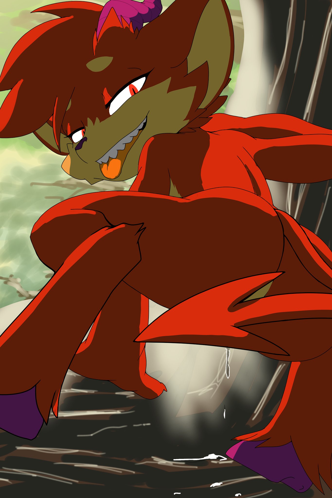 anthro ass bodily_fluids bruha butt_focus convenient_censorship countershading female fur hi_res horn imp nude red_body red_fur solo solo_focus vulapa