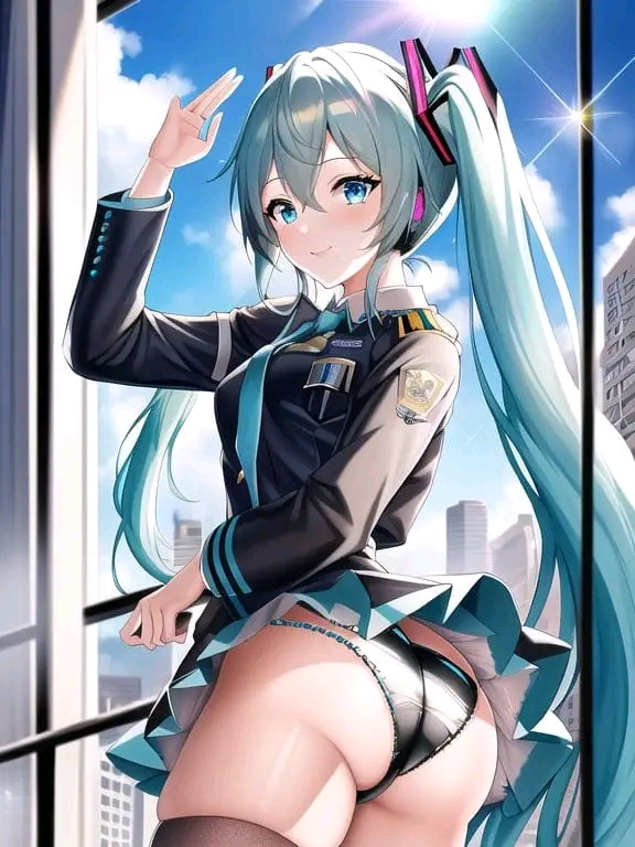 1girls 2d ai_generated ass bad_hands bangs black_panties black_shirt black_skirt blue_hair blue_necktie blush clouds collared_shirt color female female_only hair hatsune_miku light-skinned_female light_skin long_hair long_sleeves necktie panties pleated_skirt shirt skirt sky smile solo thighhighs twintails vocaloid