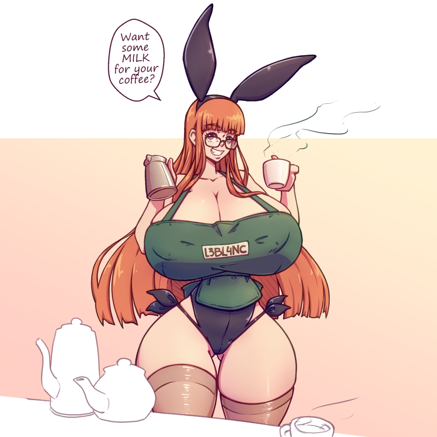 1girls 2023 amazon apron breasts bunnysuit cleavage coffee color female female_only glasses huge_breasts iced_latte_with_breast_milk long_hair looking_at_viewer meme n647 nipple_bulge orange_hair persona persona_5 sakura_futaba smile solo speech_bubble text thick_thighs thin_waist wide_hips