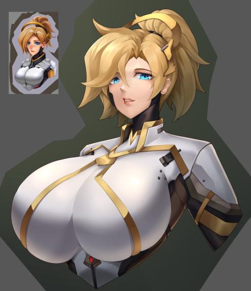 angel angela_ziegler big_breasts blender blizzard_entertainment blonde_hair blue_eyes breasts clothed clothed_female clothing female huge_breasts mercy overwatch pockyland solo