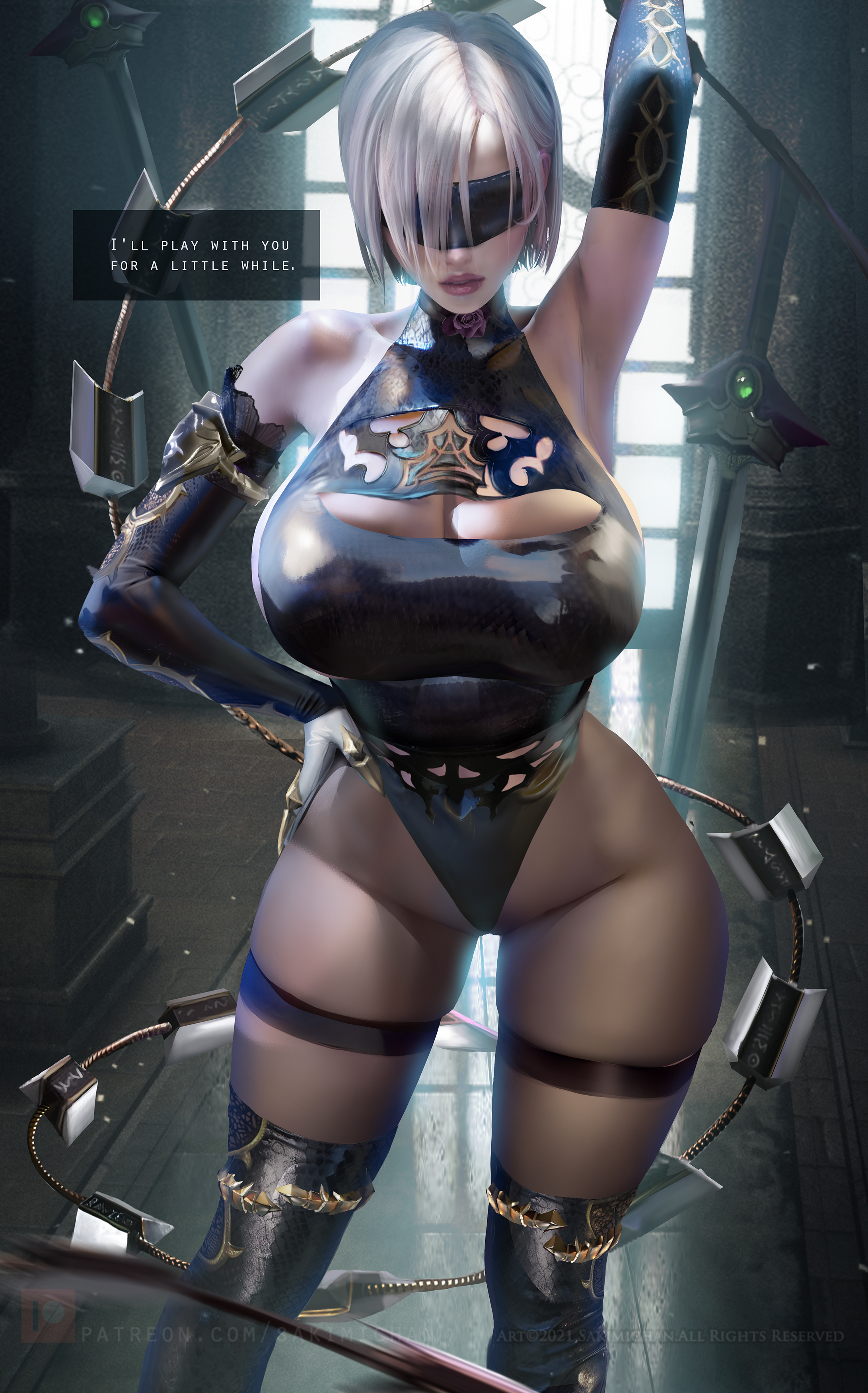 big breasts, breasts, female, hourglass figure, isabella valentine, large breasts, nier: automata, sakimichan, soul calibur, thick thighs, yorha 2b (cosplay)