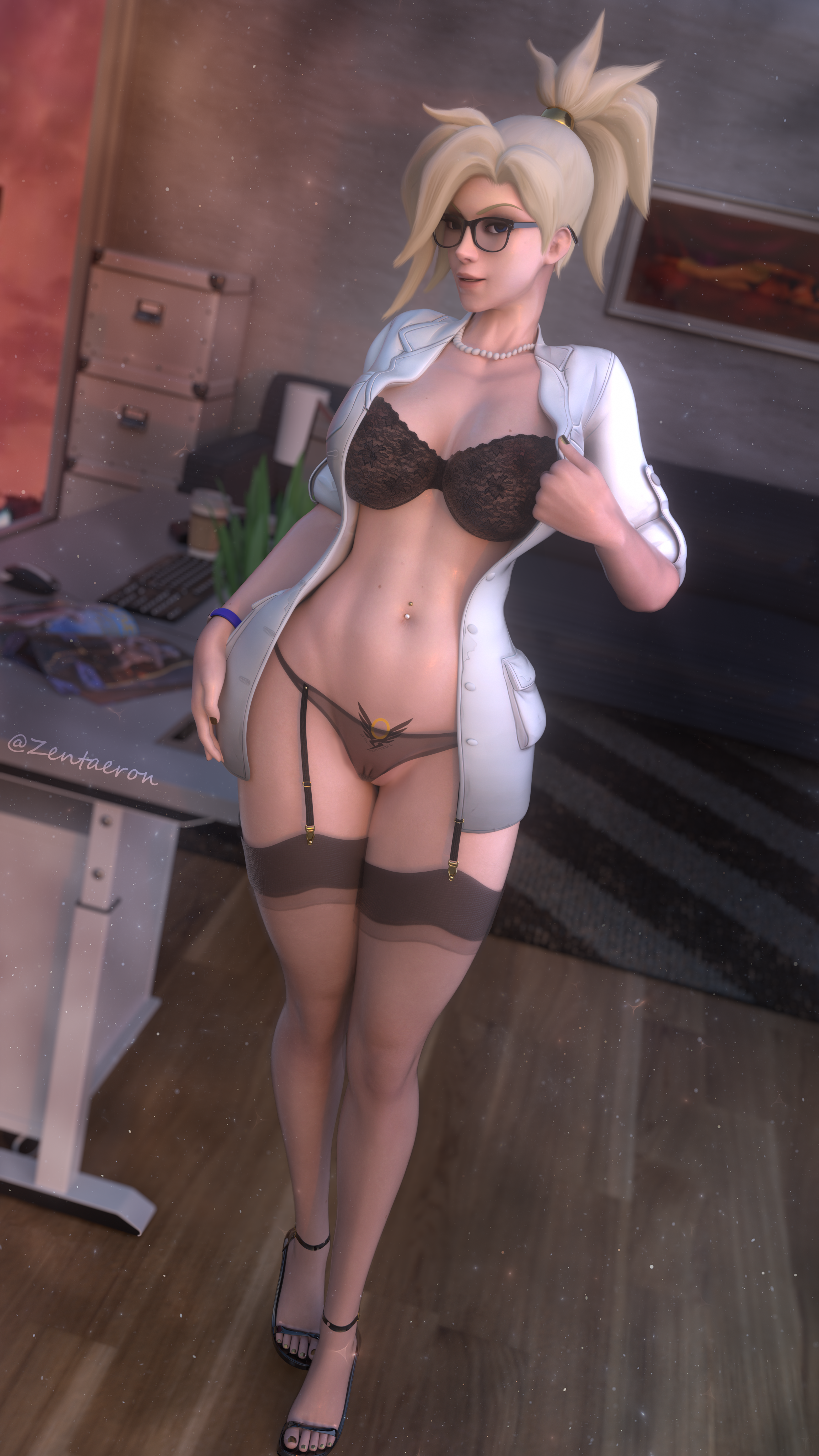 2023, angela ziegler, big breasts, blizzard entertainment, blonde hair, blue eyes, bra, breasts, coat, coat only, doctor, dr. ziegler, female, glasses, high heels, labcoat, lingerie, looking at viewer, mercy, office, overwatch, panties, ponytail, pulling clothing, standing, stockings, tattoo, thick thighs, zentaeron