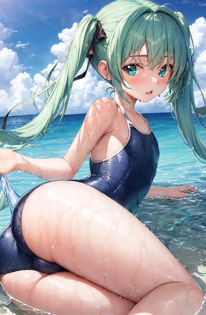 1girl, 1girls, 2d, ai generated, aqua eyes, aqua hair, ass, bangs, bare arms, bare shoulders, beach, black ribbon, blue eyes, blue one-piece swimsuit, blue sky, blush, cameltoe, cloud, clouds, color, competition school swimsuit, day, female, female only, flat chest, green hair, hair ribbon, hatsune miku, light skin, light-skinned female, long hair, looking at viewer, lying, ocean, on side, one-piece swimsuit, open mouth, outdoors, outside, parted lips, pussy, ribbon, school swimsuit, sea, sky, solo, swimsuit, teeth, thighs, twintails, very long hair, vocaloid, water, wet, wet clothes