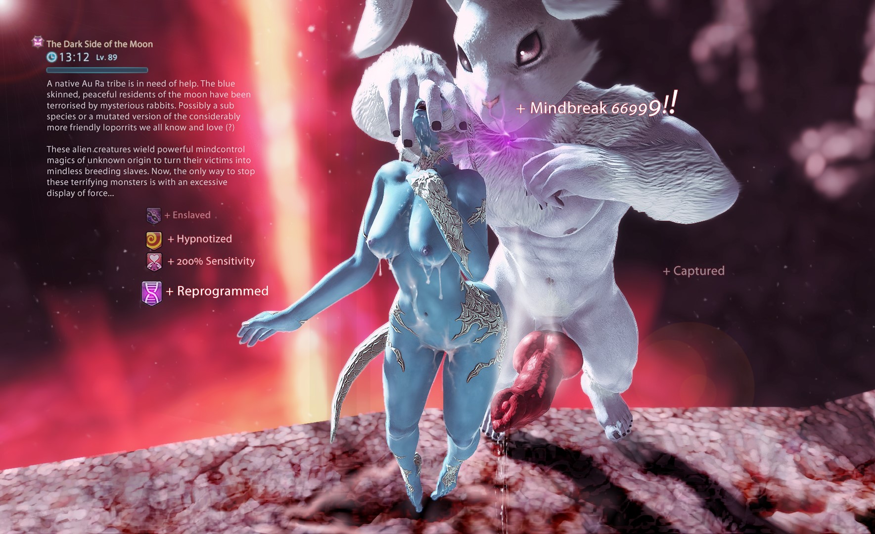 alien, alien humanoid, au ra, bad end, blue skin, breasts, bunny, cum, cum on body, cum on breasts, debuff, defeated, english text, enslaved, female, final fantasy, final fantasy xiv, gameplay mechanics, gpose (ffxiv), head grab, hypnosis, knot, knotted penis, male, mind break, mind control, mindfuck, nashandraffxiv, penis, rabbit, rabbit ears, rabbit humanoid, slave, text, white fur, white hair