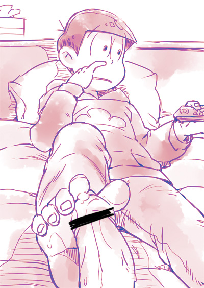 2boys bar_censor censored controller emotionless_sex footjob holding holding_remote_control index_finger_raised janome_(osmtpippi) looking_to_the_side lying male_focus matsu_symbol matsuno_osomatsu multiple_boys on_back on_bed osomatsu-san penis pillow pointless_censoring pov pov_crotch precum remote_control short_hair tissue_box yaoi