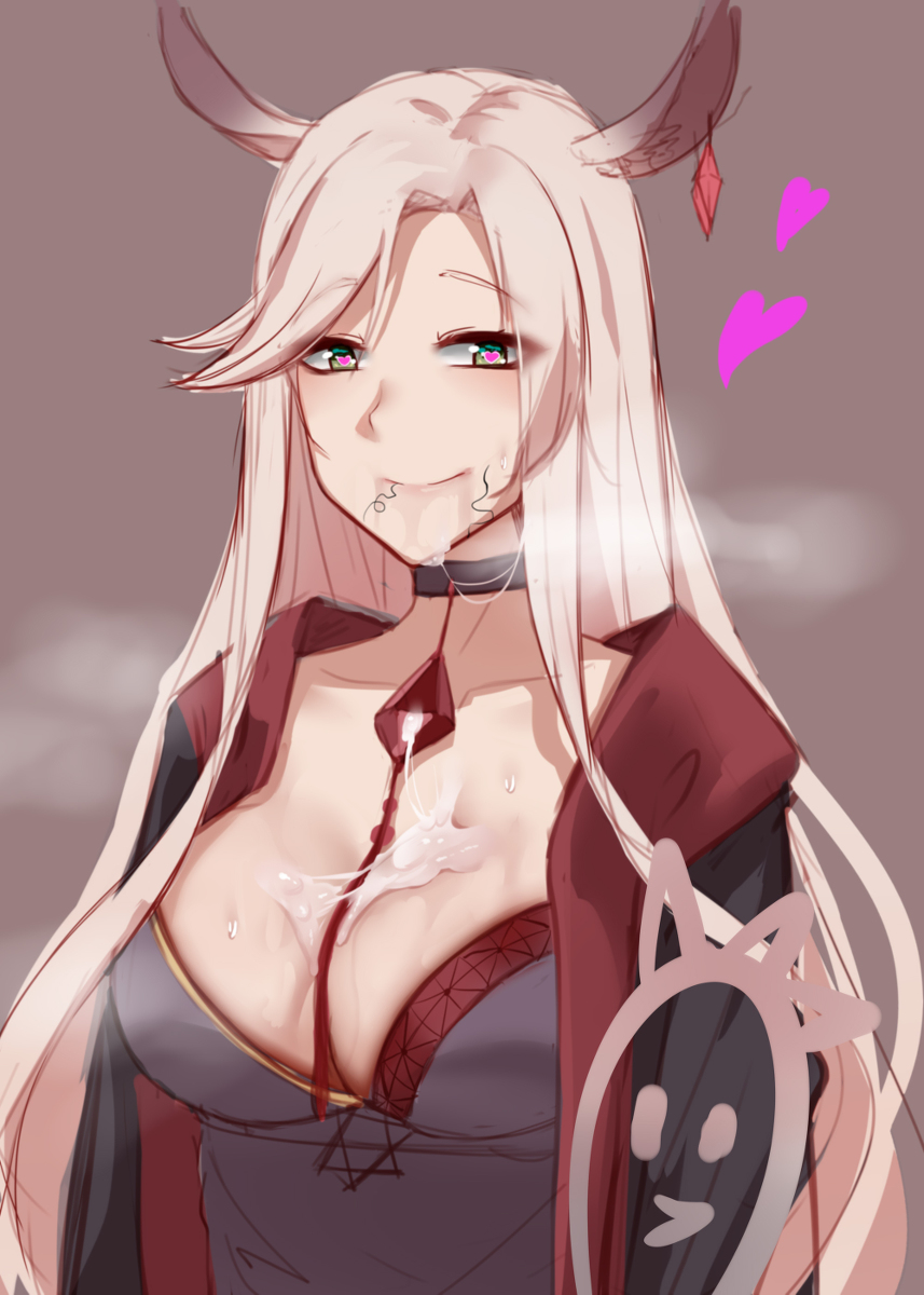 2020 2023 animal_ears arknights artist_request blonde_hair breasts choker cum cum_on_breasts ear_piercing gitano_(arknights) goat_ears goat_girl grey_eyes heart heart_eyes jewelry large_breasts long_hair looking_at_viewer necklace older_female seductive seductive_smile simple_background smile smug smug_face smug_smile very_long_hair