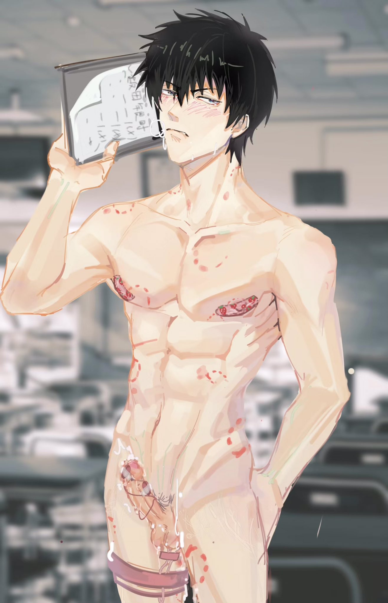 3lbmrnaa2beutua bandaids_on_nipples bite_marks biting_lip black_hair blush classroom erection gintama hickey_marks hijikata_toshiro looking_at_viewer male male_only nude penis solo uncensored vibrator vibrator_on_penis