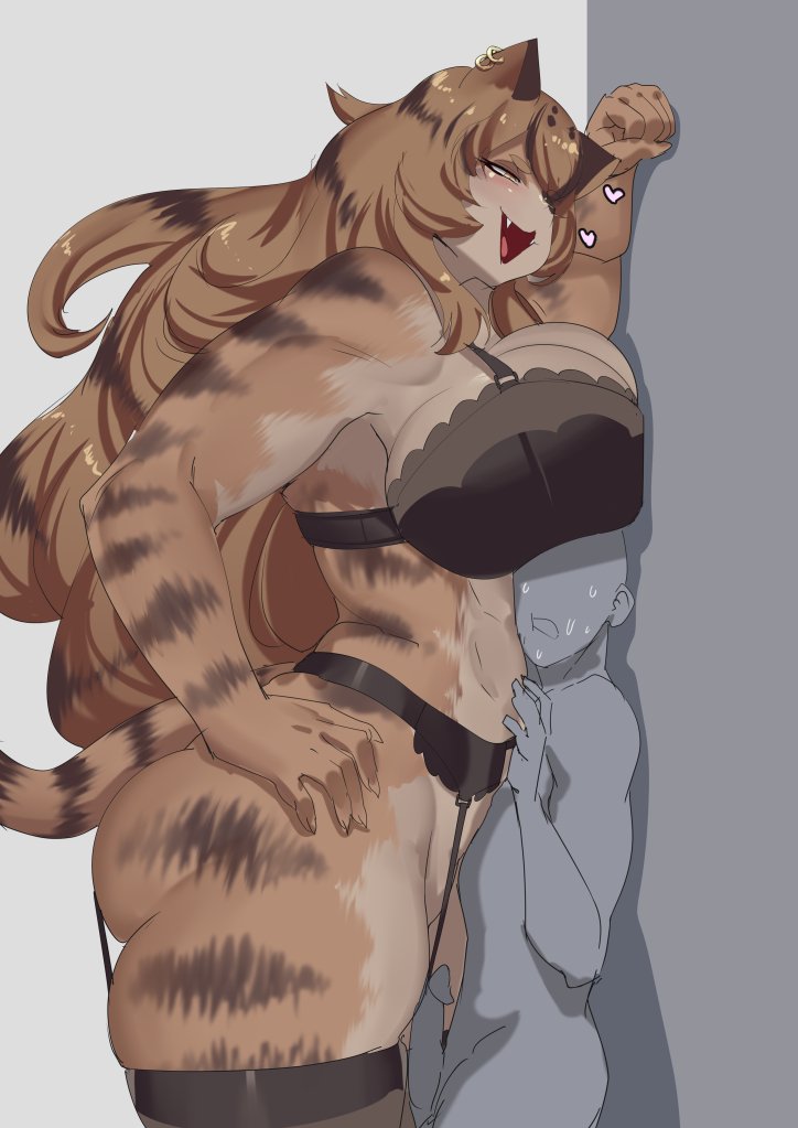 1boy 1girls abs against_wall anthro athletic athletic_female big_ass big_breasts bigger_female blush bra breasts breasts_bigger_than_head bubble_butt cat_ears cat_tail catgirl erect_penis erection female femdom fur furry furry_female furry_with_non-furry huge_ass huge_breasts human_on_anthro larger_female massive_breasts nervous pantherine simple_background smaller_male stockings stormcow taller_girl tiger