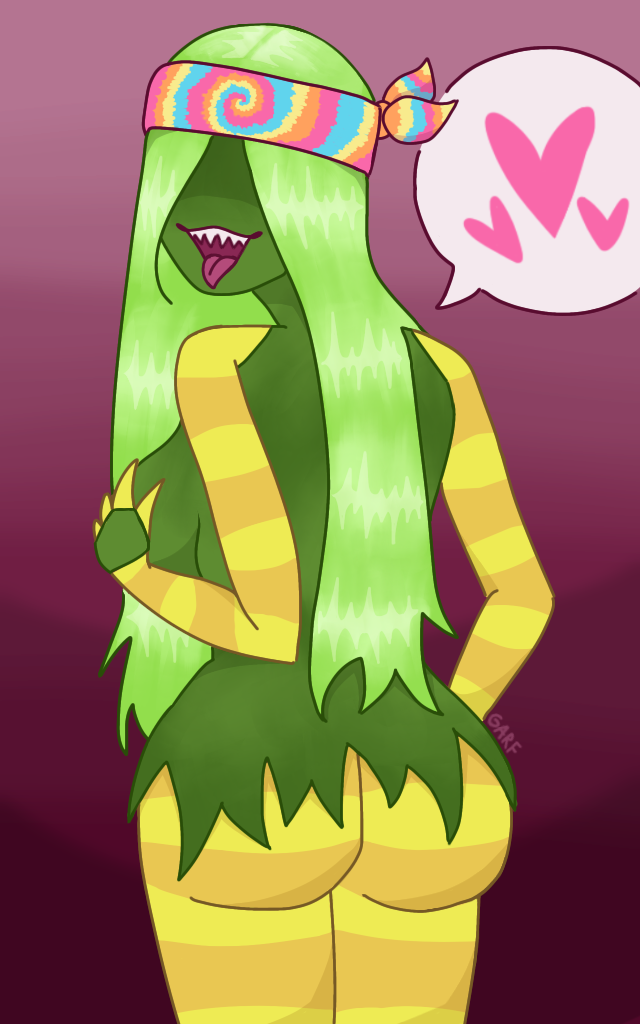 ass_focus big_ass garfepic green_fur green_hair heart holding_breast looking_at_viewer looking_back my_singing_monsters pomily rooba sharp_teeth speech_bubble striped_legwear stripes tongue_out