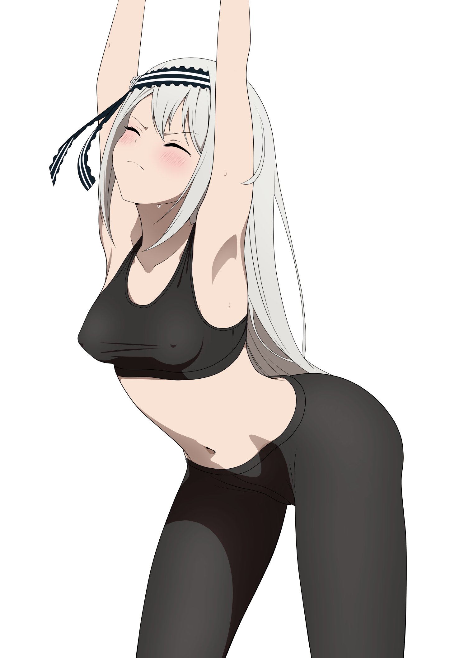 1girls, accurate art style, armpits, arms up, belly, blush, blushing, breasts, closed eyes, coro fae, eyes closed, female, female only, fully clothed, hands up, kaguya-sama wa kokurasetai ~tensai-tachi no renai zunousen~, nipple bulge, official style, shirogane kei, small breasts, stretching, sweat, sweating, tagme, thick, tight clothes, tight clothing, tummy, white background, white hair