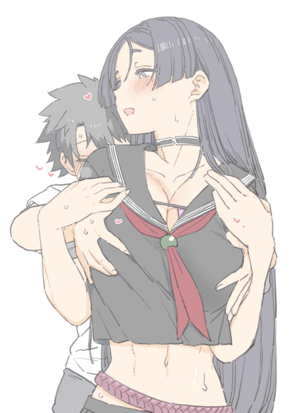 1boy, 1girls, big breasts, black hair, breasts, clothed, clothing, fate (series), fate/grand order, female, fujimaru ritsuka (male), gudao, light skin, light-skinned female, light-skinned male, male, male/female, minamoto no raikou (fate), minamoto no raikou (fate/grand order), minamoto no raikou (swimsuit lancer), purple hair