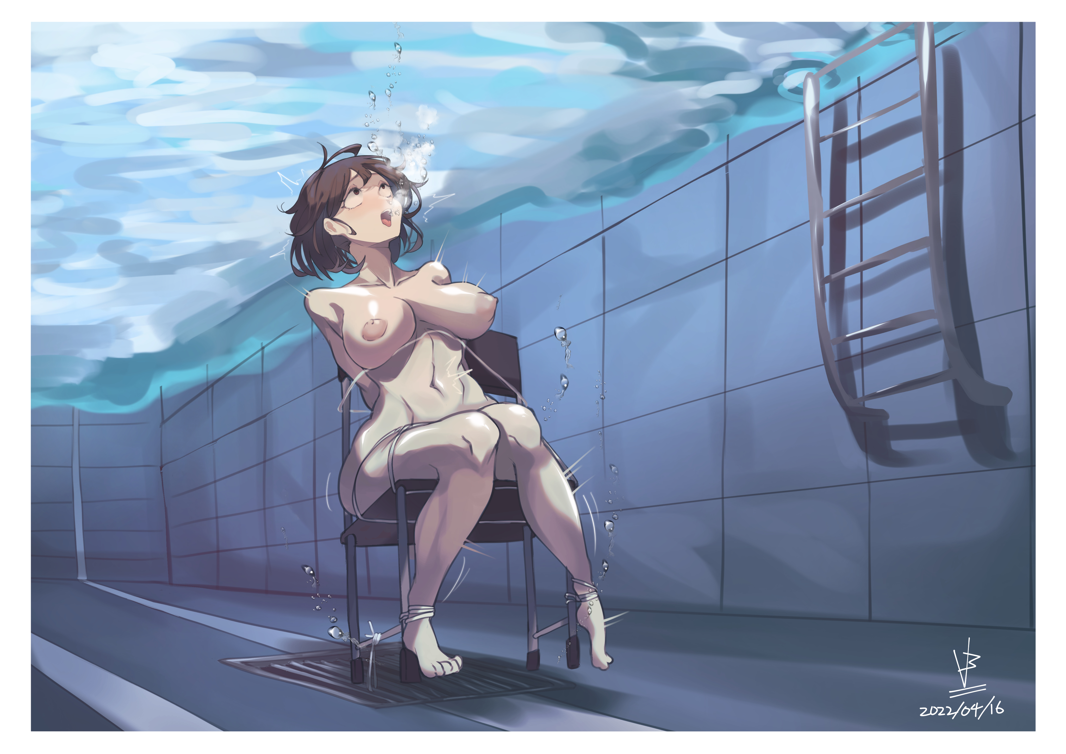 1girls, 2022, absurdres, air bubbles, arms behind back, arms tied behind back, asphyxiation, bdsm, big breasts, bondage, border, bound, breasts, brown eyes, brown hair, bubbles, chair, collarbone, completely nude, dated, drowning, eipelppa, female, female only, femsub, full body, highres, iepelppa, imminent death, iparupua, iparuputsua, ipelppa, large breasts, medium breasts, navel, nipples, nude, nude female, open mouth, original, original character, pool, pool ladder, short hair, sitting, solo, stationary restraints, tied to chair, tied up, torture, underwater, water, white border