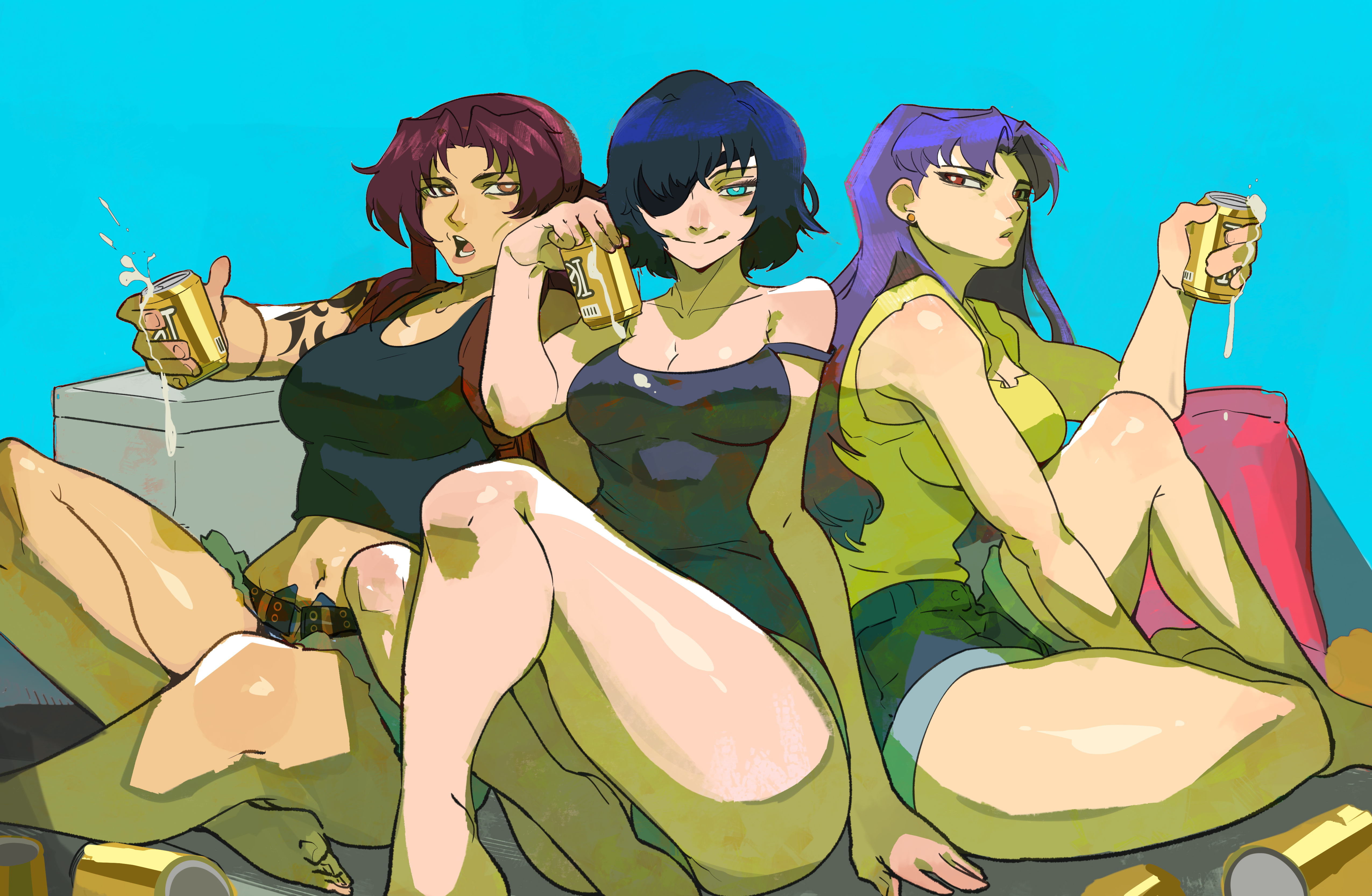 3girls, beer, black lagoon, bottomless, chainsaw man, crossover, eye patch, fanon couple, female, female only, gainax, himeno (chainsaw man), himesato, light skin, light-skinned female, mappa, misato katsuragi, neon genesis evangelion, revy, thick thighs, trait connection, xamuart