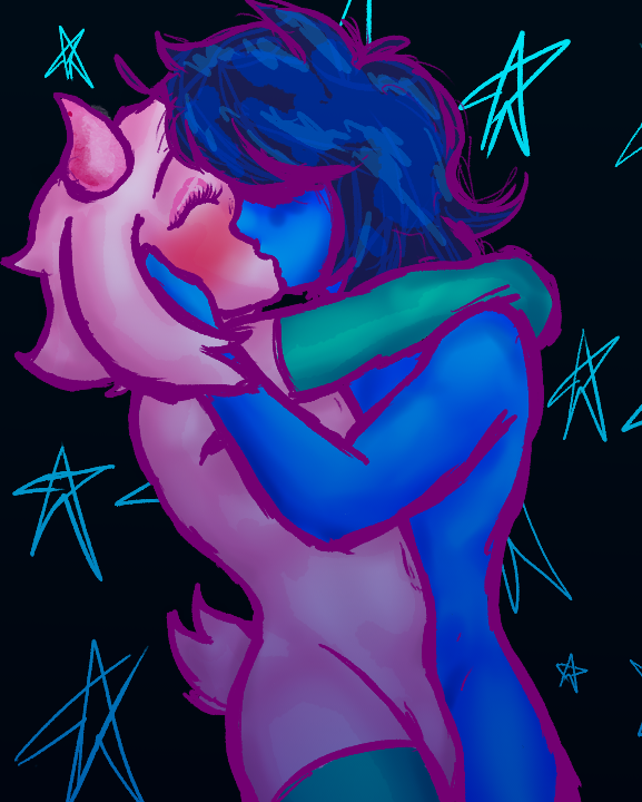 2boys ambiguous_gender anthro arm_warmers arms_around_neck arms_around_partner belly blue_body blue_hair blue_skin blush closed_eyes clothed deltarune deltarune_chapter_2 duo eyelashes eyeshadow femboy functionally_nude gay girly goat hand_on_face horns human human_on_anthro just_a_lil_guy kissing kris_(deltarune) leg_warmers male/ambiguous male/male naked naked_male nude nude_male pink_body pink_eyeshadow pink_fur ralsei simple_background socks standing stars tail thigh_highs thighhighs white_body white_fur wholesome