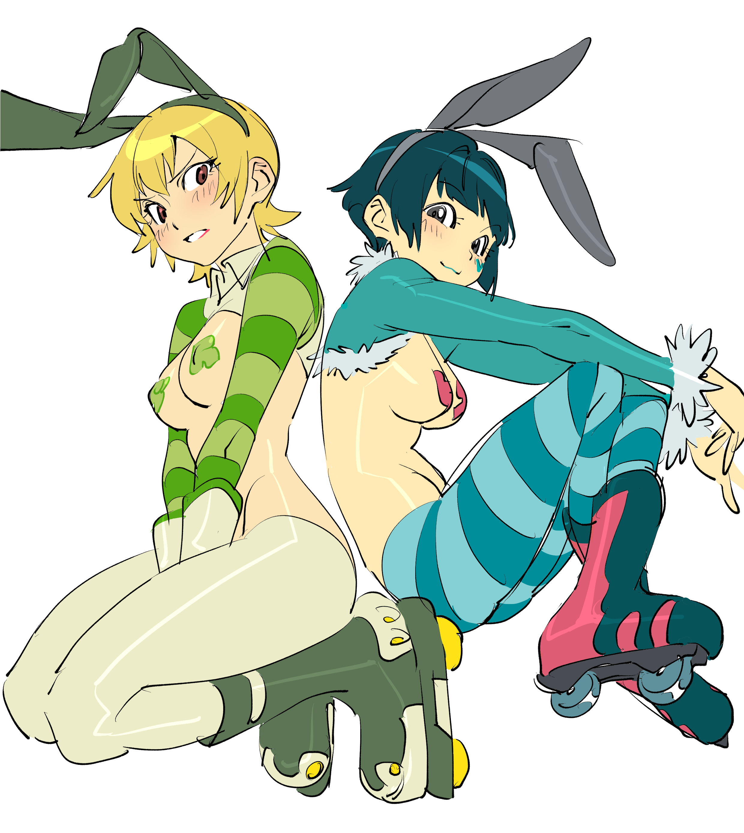 2020, 2girls, blonde hair, blush, breasts, bunny ears, covered nipples, dark hair, female, female only, gum (jsr), home117, jet set radio, looking at viewer, mew (jsr), multiple females, multiple girls, pasties, reverse bunnysuit, striped clothing