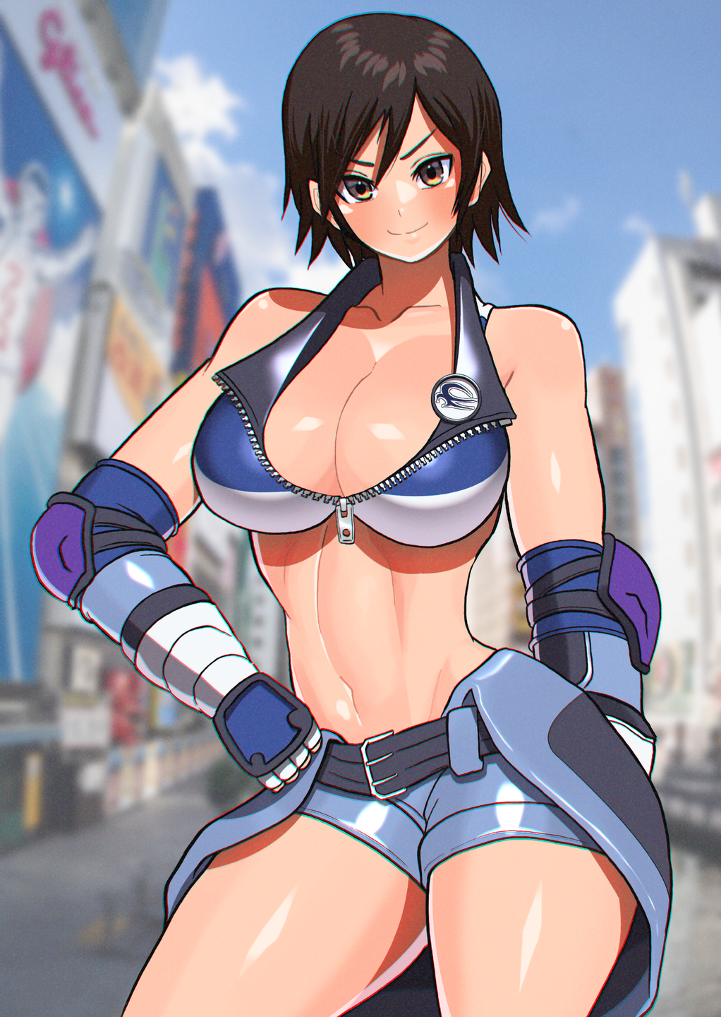 1girls abs akisu_k alluring athletic_female bare_shoulders big_breasts black_hair breasts brown_eyes cleavage cropped_jacket female female_abs female_focus female_only fit_female fully_clothed gloves kazama_asuka midriff namco outside revealing_clothes short_hair shorts sleeveless solo tekken