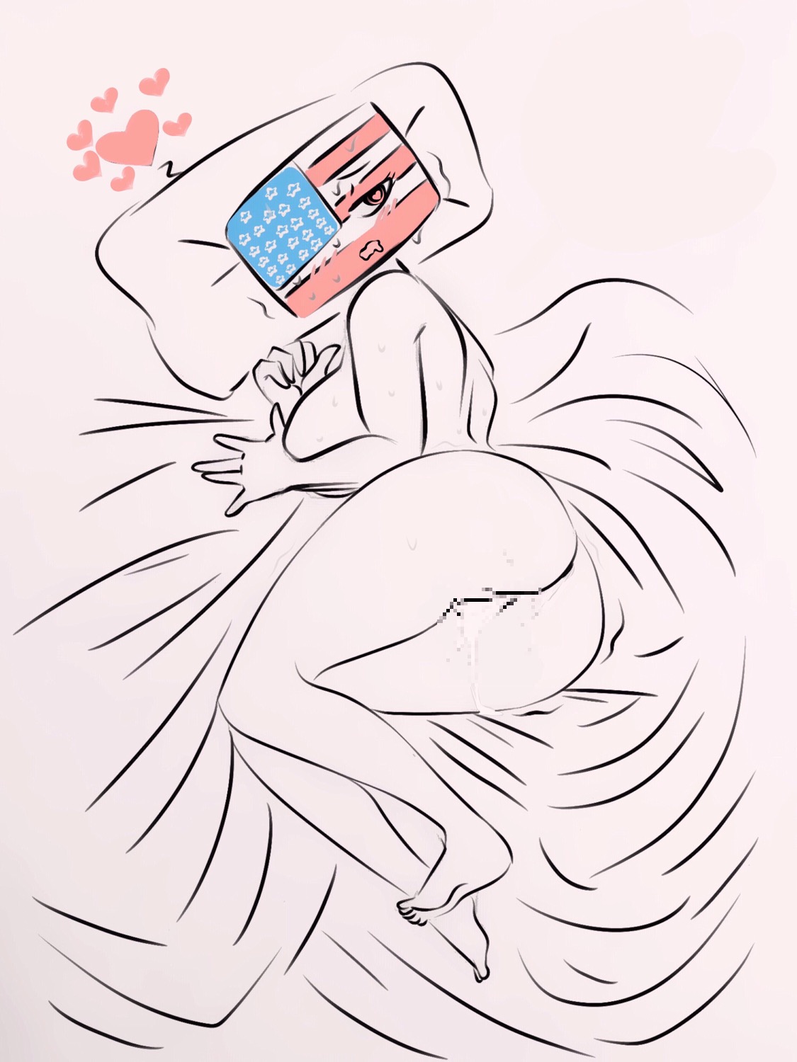 1girls, after anal, after sex, after vaginal, anus, ass, censored, countryhumans, countryhumans girl, cum drip, cum in ass, cum in pussy, female, female focus, female only, flawsy, hearts, horny, horny female, lying on bed, pussy, simple background, united states of america (countryhumans), white background