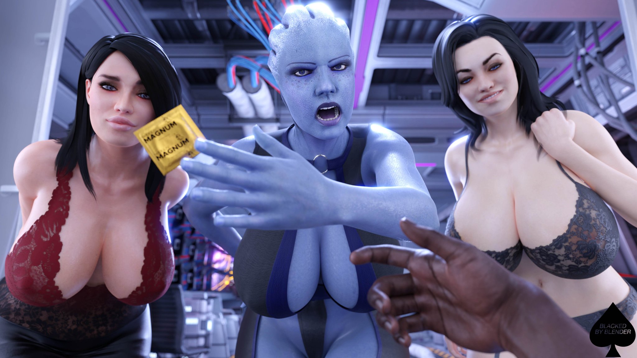 1boy, 3d, 3d (artwork), 3girls, alien, alien girl, alien humanoid, angry, asari, ashley williams, athletic, athletic female, big breasts, bioware, blackedblender, blender (software), blue body, blue skin, blue-skinned female, breasts, busty, condom, condom rejection, curvaceous, curvy, curvy figure, dark skin, dark-skinned male, digital media (artwork), female, fit, fit female, happy, happy female, hourglass figure, huge breasts, human, humanoid, imminent sex, large breasts, legs, liara t'soni, light skin, light-skinned female, lips, magnum condom, male, male human/female alien, male human/female humanoid, male pov, mass effect, mass effect 2, mass effect 3, miranda lawson, pov, smile, teeth, tentacle hair, thick, thick hips, thick legs, thick thighs, thighs, top heavy, voluptuous, waist, wide hips, xxl condom