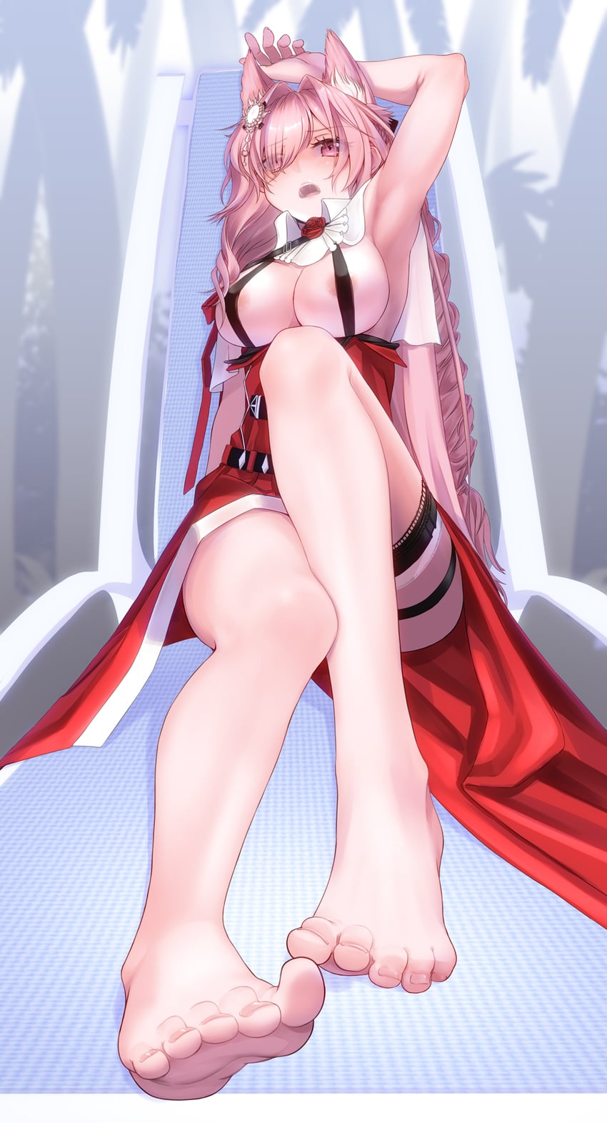 1girls 2023 animal_ear_fluff animal_ears arknights armpits arms_up bikini blush breasts embarrassed embarrassed_nude_female feet female female_focus female_only ffg-571 foot_fetish hair_ornament hi_res large_breasts long_hair looking_at_viewer lying lying_on_back nipples open_mouth pink_eyes pink_hair pozyomka_(arknights) solo swimsuit swimwear thigh_strap thighs toes wolf_ears wolf_girl