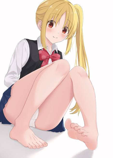 1girls absurd_res barefoot blonde_hair bocchi_the_rock! curvaceous curvy curvy_body curvy_female curvy_figure cute feet foot_fetish foot_focus happy highres human human_only ijichi_nijika long_hair pinkiuzu ponytail ribbon school_uniform schoolgirl smile soles solo teen teenage_girl teenager toes white_skin young