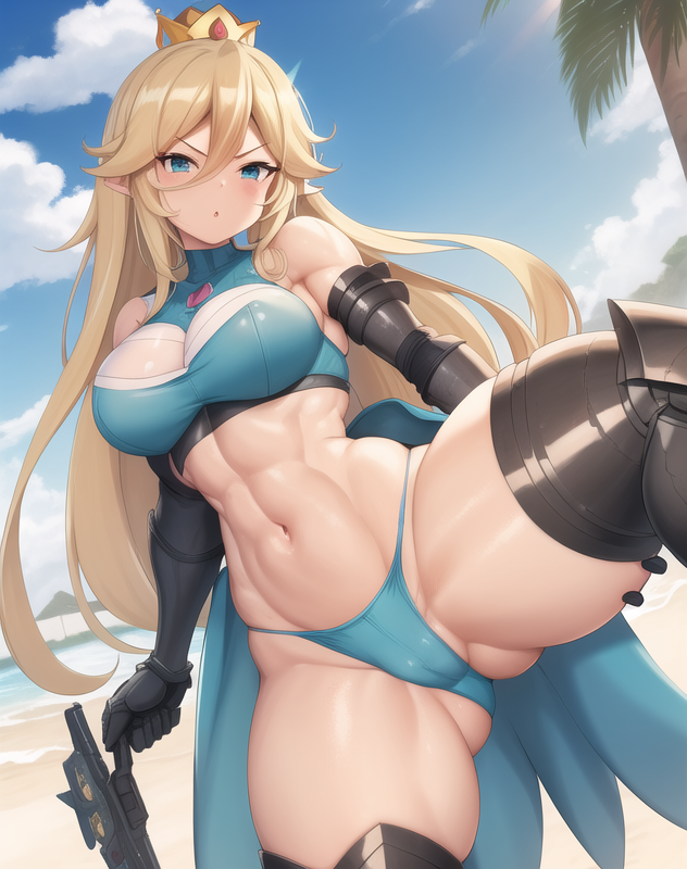 1girls ai_generated athletic athletic_female beach beach_background black_gloves blue_eyes breasts day female female_only hand_on_thigh hand_on_weapon huge_breasts leg_wrap light_blue_panties long_hair mario_(series) nintendo pale-skinned_female platinum_blonde_hair princess princess_rosalina rosetta_(super_mario_galaxy) stable_diffusion straight_hair super_mario_galaxy thick_thighs video_game_character